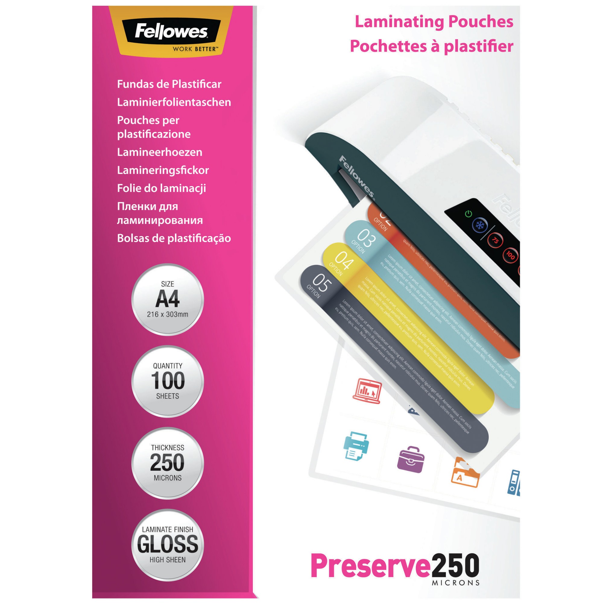 Fellowes A4 Glossy 250 Micron Laminating Pouch 100 Pack 97 In