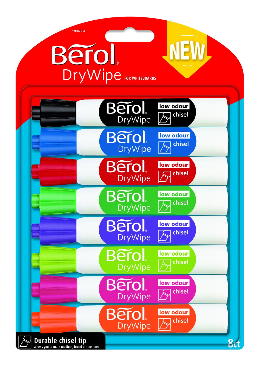 Dry Wipe Whiteboard Marker Pens Assorted colours Chisel Tip Pack of 8 thumbnail