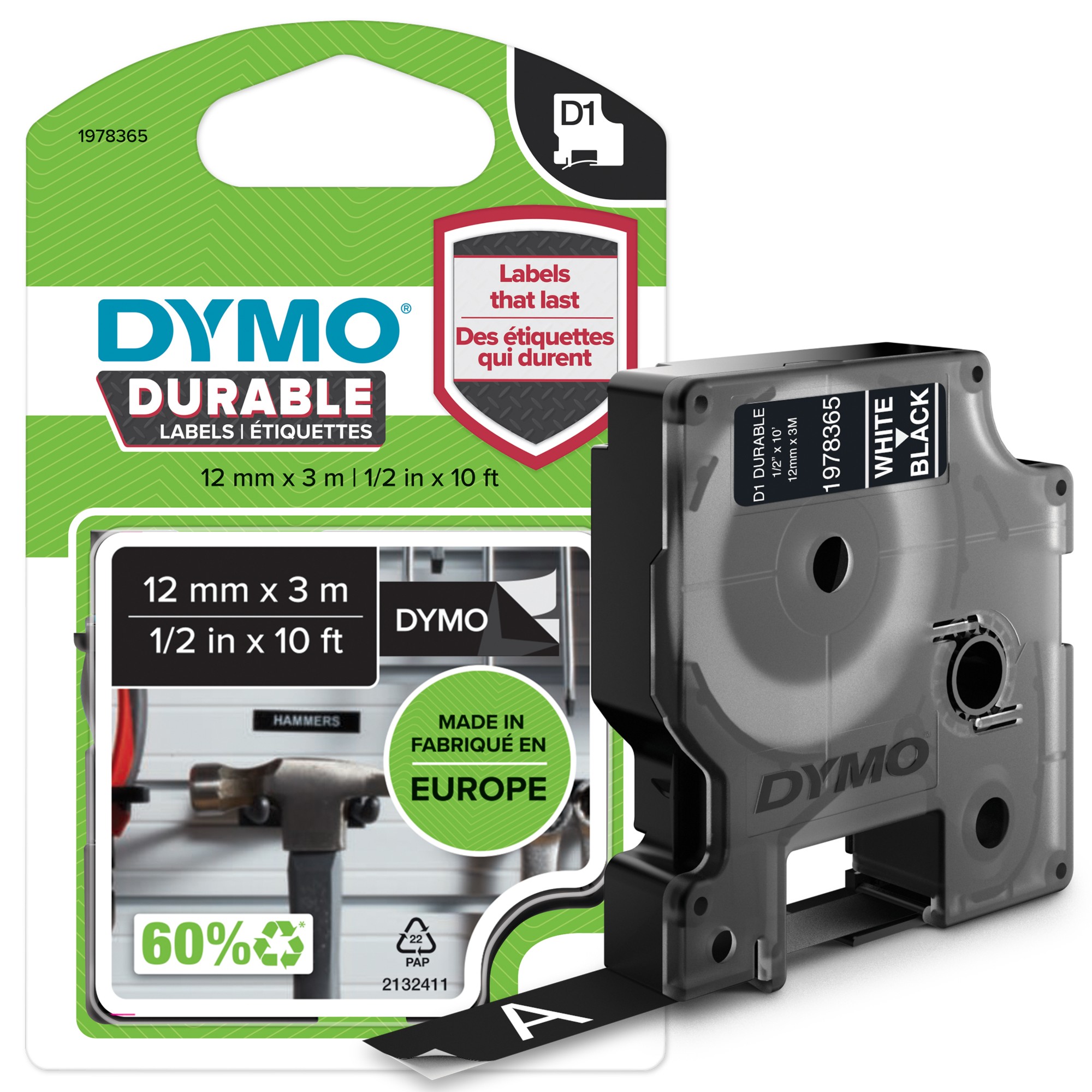 Dymo 1978365 DirectLabel-etikettes white on black Vinyl 12mm x 5,5mm for Dymo D1 6-12mm/19mm/24mm/9-12mm/9-19mm
