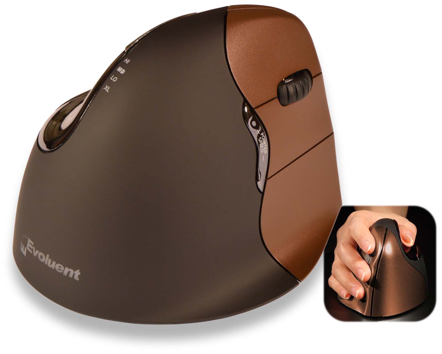 VMOUS4WRSHY EVOLUENT An Evoluent product. Wireless RIGHT HANDED SMALL Evoluent VerticalMouse. Patented vertical mouse supports your hand in a relaxed handshake position- and eliminates the arm twisting required by ordinary mice. The 4 is the latest evolution of this award win