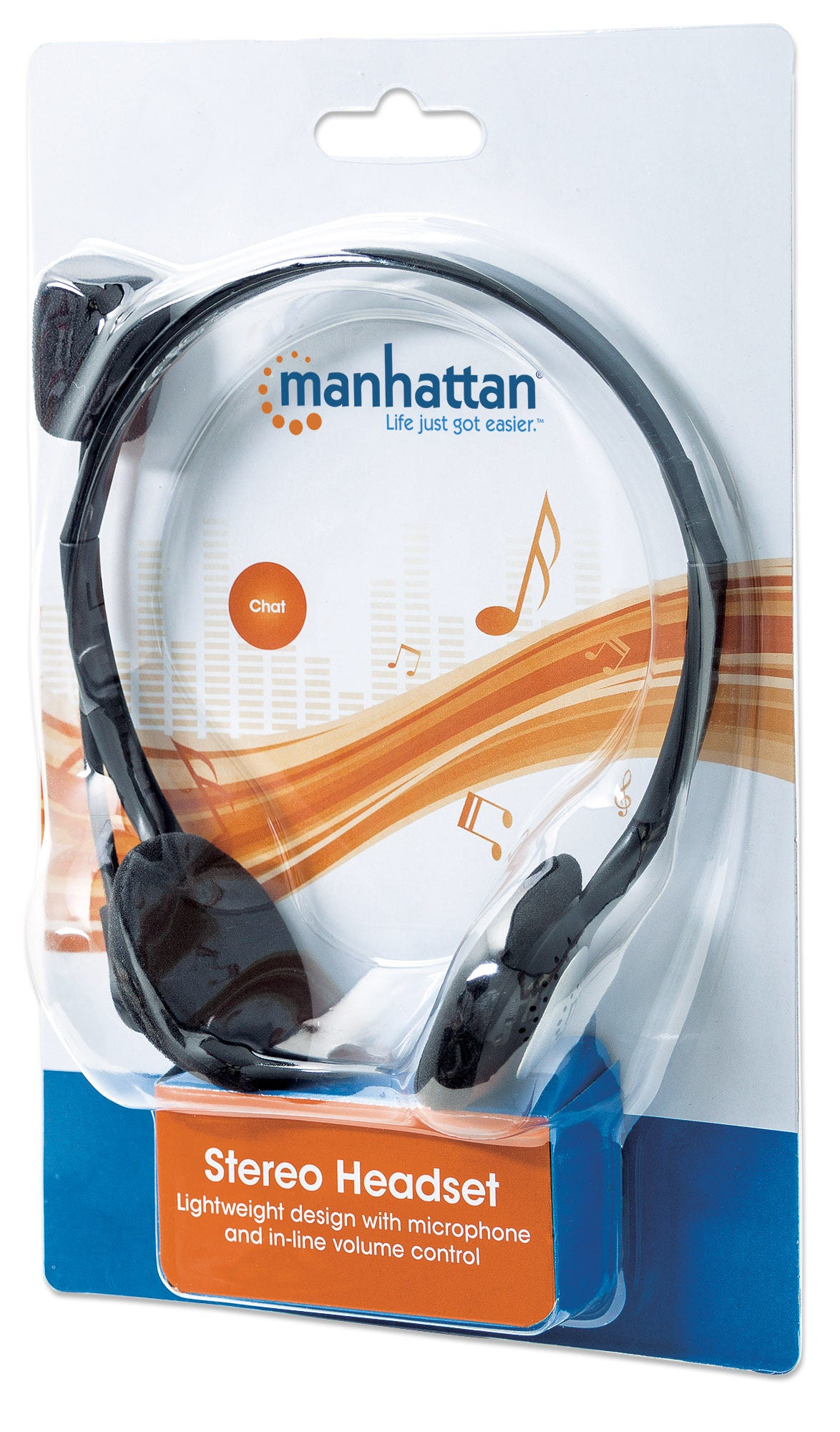Manhattan Stereo Headset, Lightweight, Adjustable Microphone, In-Line Volume Control, Foam Earpads, 2x 3.5mm stereo jacks/plugs, cable 2m, Black, Three Year Warranty, Blister