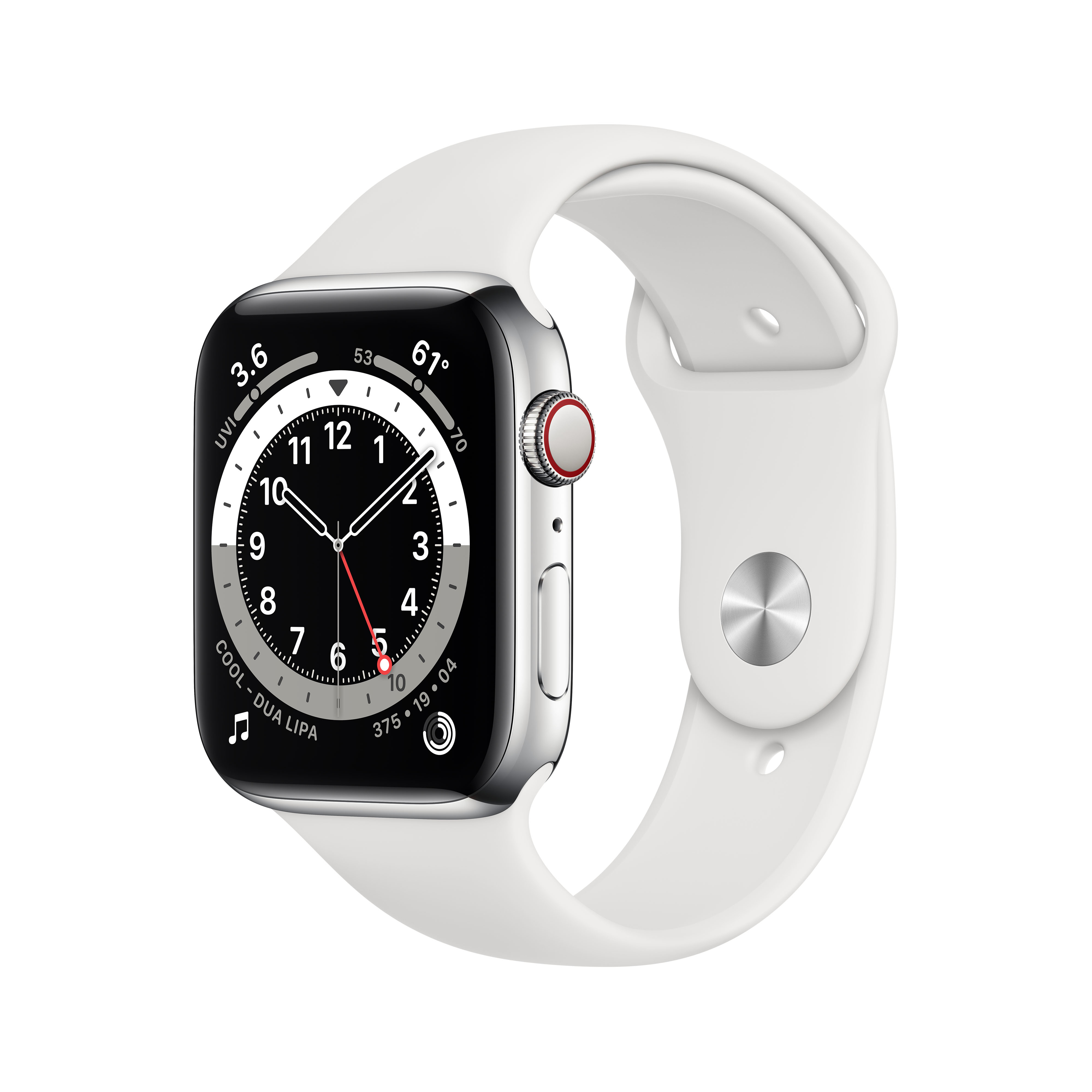 Apple Watch Series 6, 44mm, GPS + Cellular [2020] - Silver Stainless Steel Case with White Sport Band