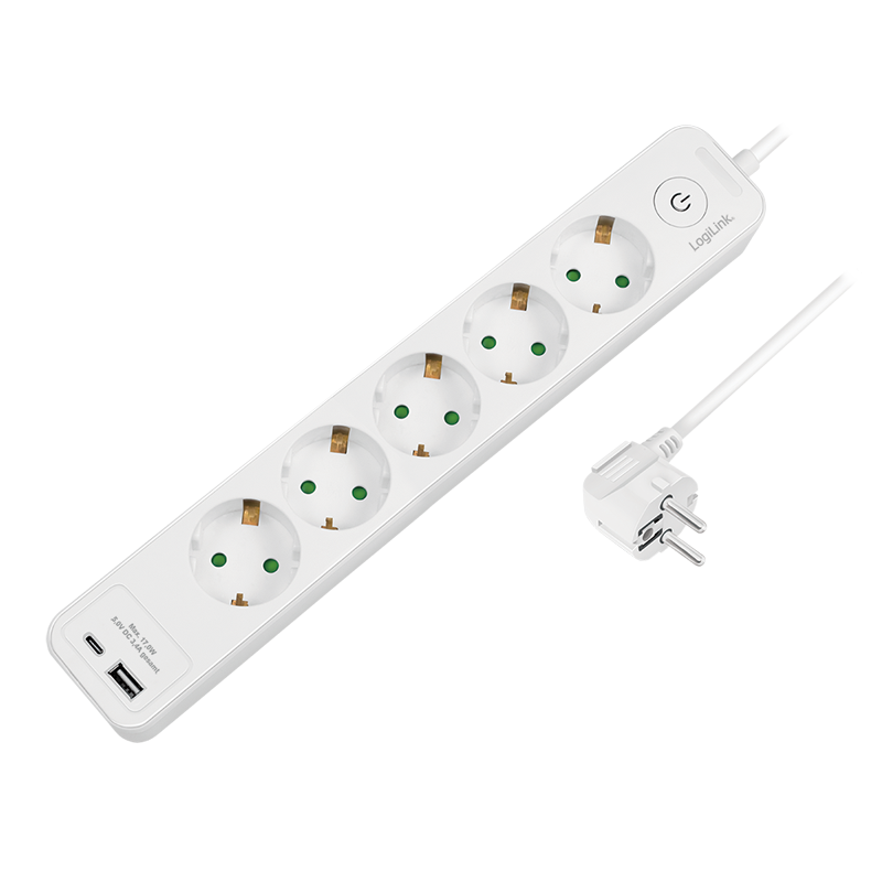 LogiLink Outlet Strip, 5 safety sockets, w/ 1x USB-A, 1x USB-C Port, white