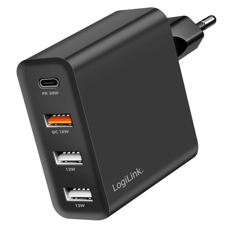 LogiLink USB-A/C charger, 48 W, GaN, 4-port, 3x USB-A (QC), 1x USB-C (PD), Black