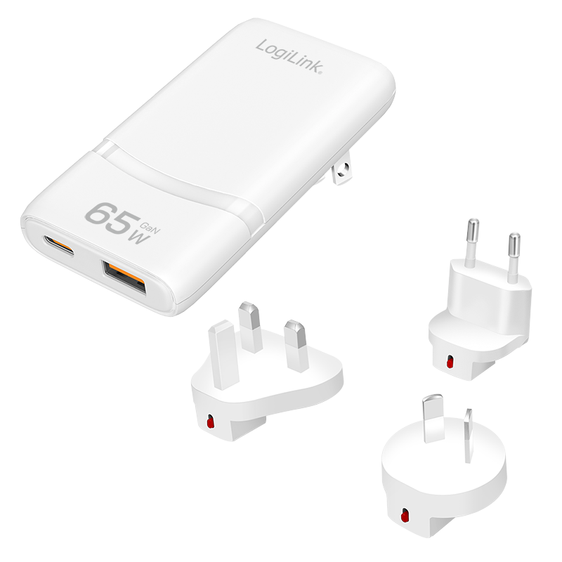 LogiLink USB-A/C Travel charger, 65 W, GaN, 2-port, 1x USB-A (QC), 1x USB-C (PD), Slim Version,  White