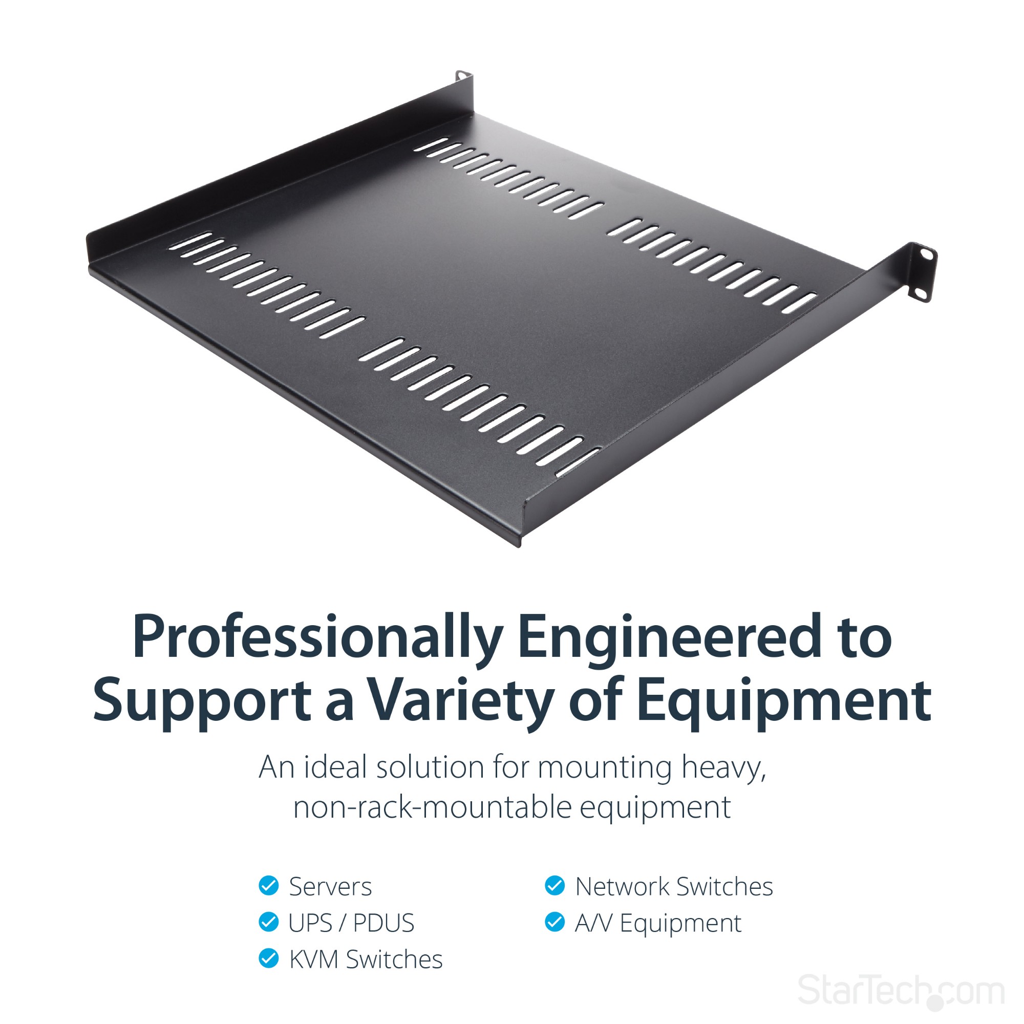 StarTech.com 1U Vented Server Rack Cabinet Shelf - 16in Deep Fixed Cantilever Tray - Rackmount Shelf for 19&quot; AV/Data/Network Equipment Enclosure with Cage Nuts &amp; Screws - 44lbs capacity