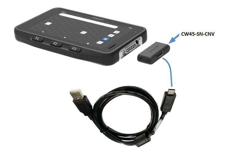 Honeywell CW45 USB C adapter_ enables connection to USB charging cable or to USB C accessories.