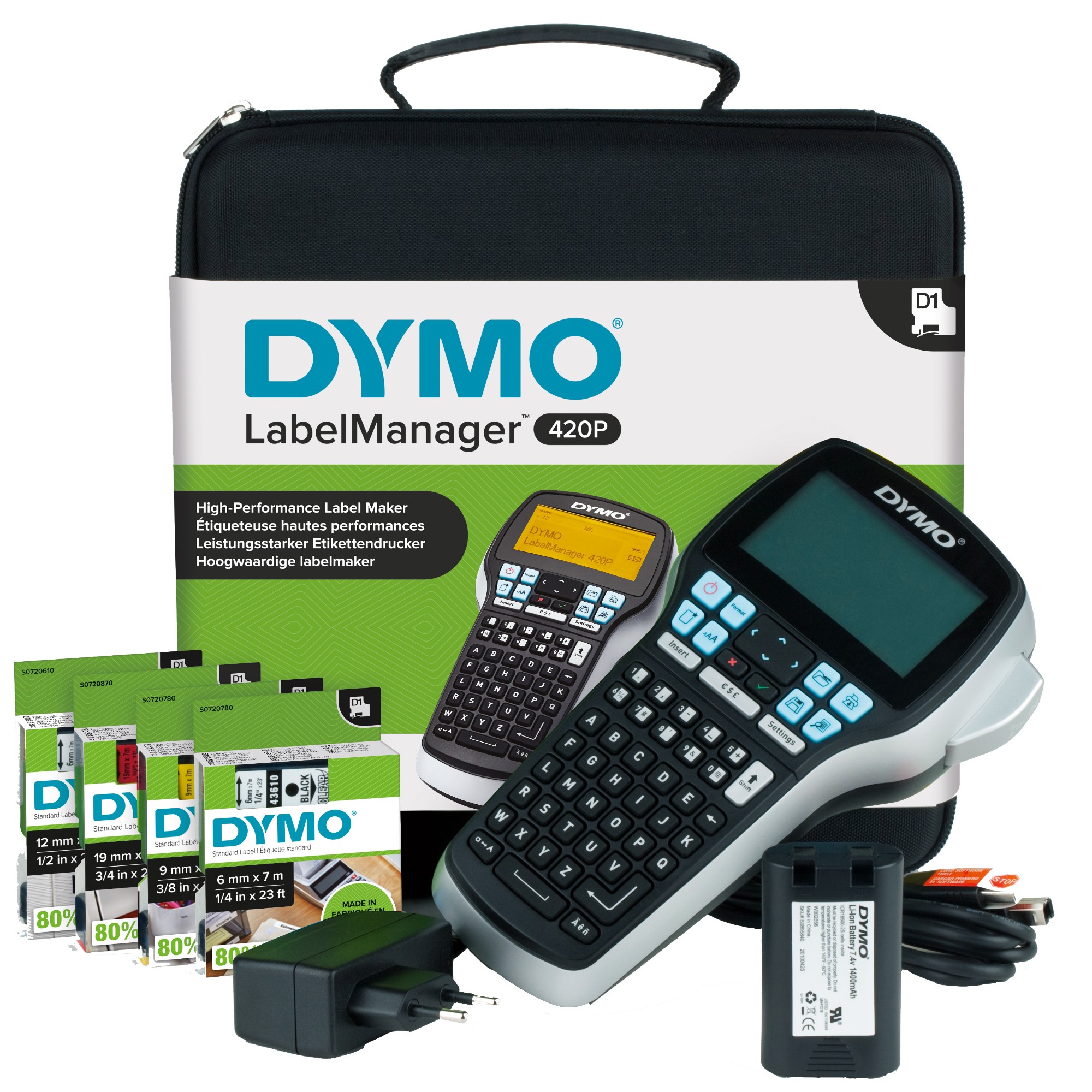 DYMO LabelManager 420P High Performance Rechargeable Portable Label Maker Kit | ABC Keyboard with 4 Rolls of D1 Labels & Carrying Case