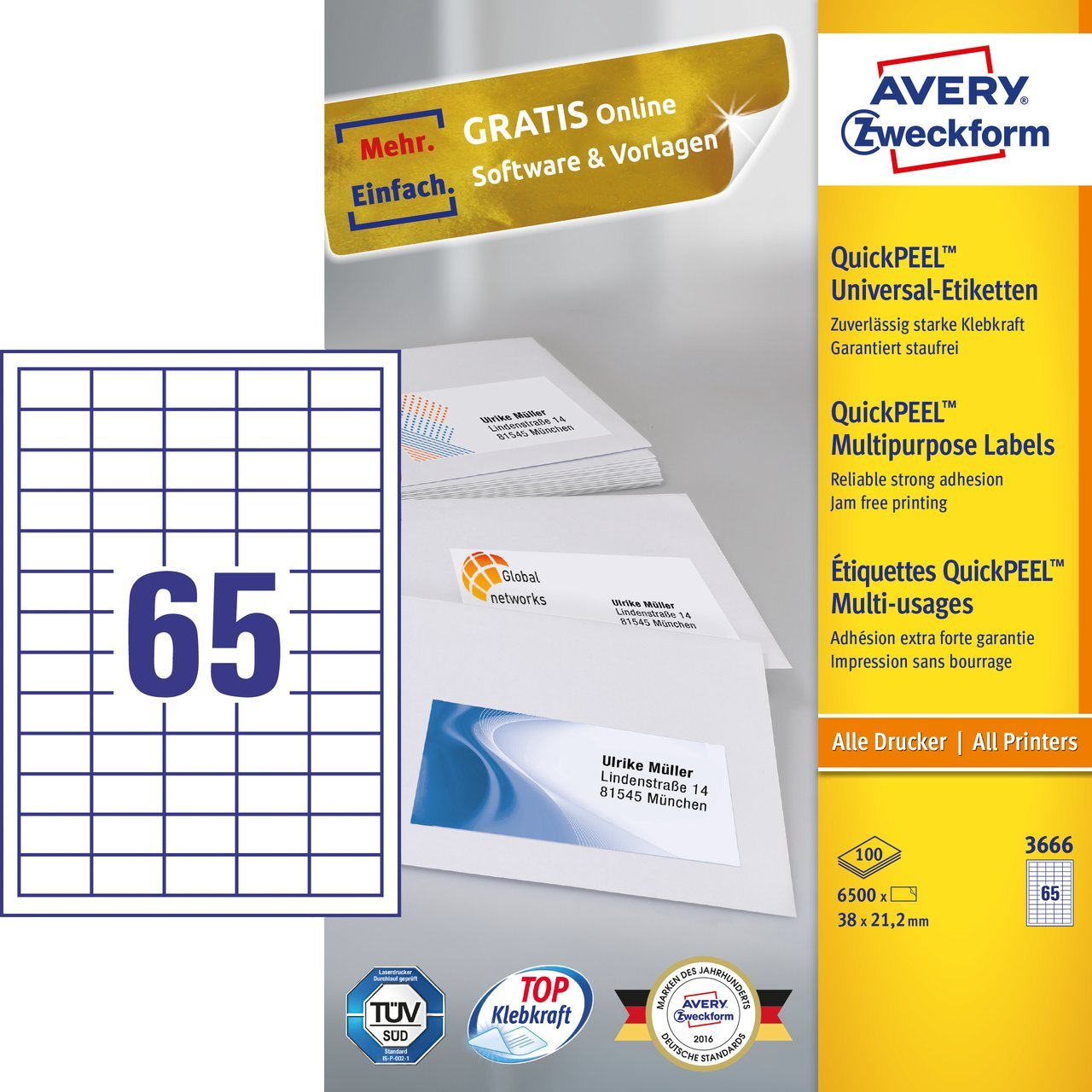 Avery Ultragrip Multi Labels 38.1x21.2mm 65 Per Sheet White (Pack of 6500) 3666