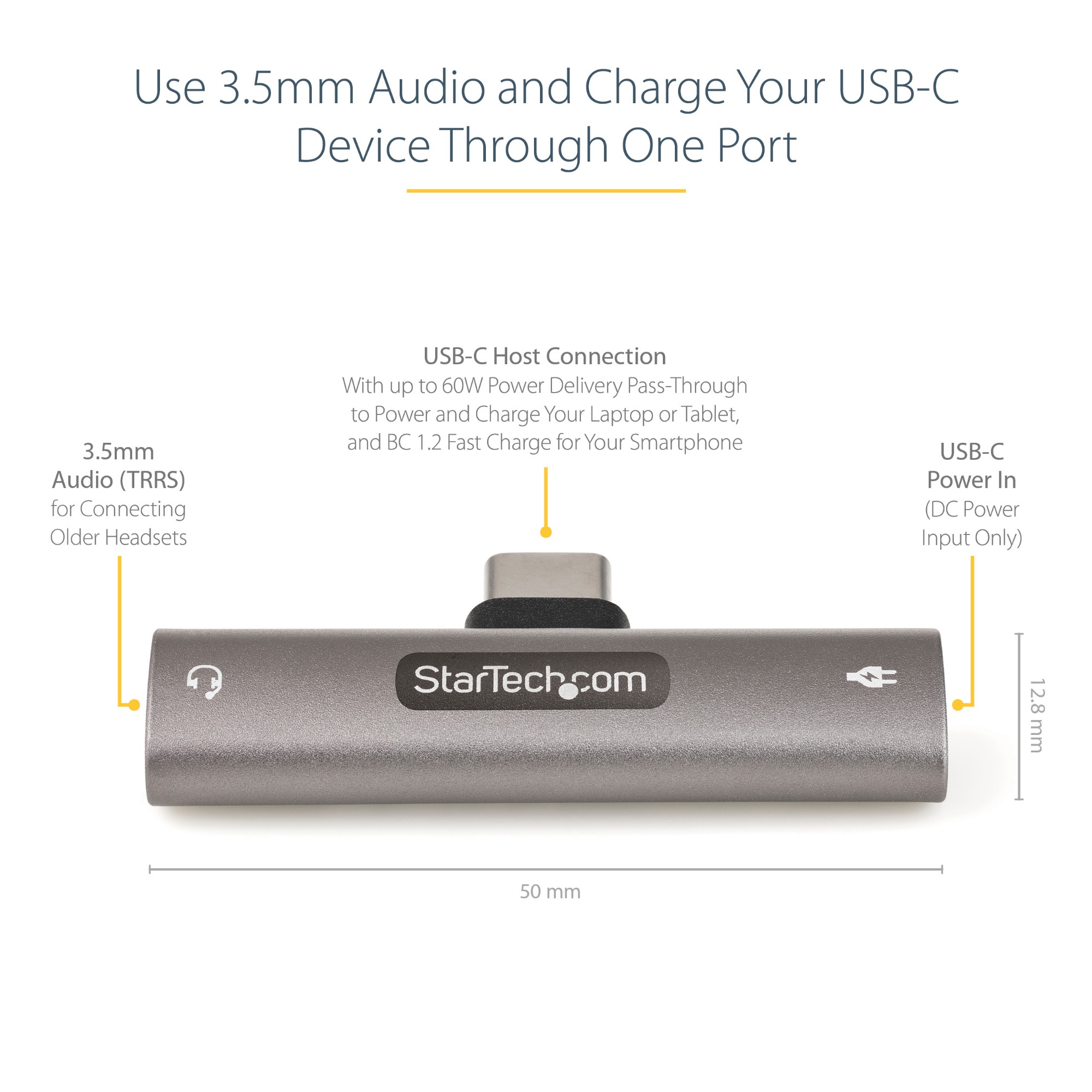 StarTech.com USB C Audio &amp; Charge Adapter - USB-C Audio Adapter w/ 3.5mm TRRS Headphone/Headset Jack and 60W USB Type-C Power Delivery Pass-through Charger - For USB-C Phone/Tablet/Laptop