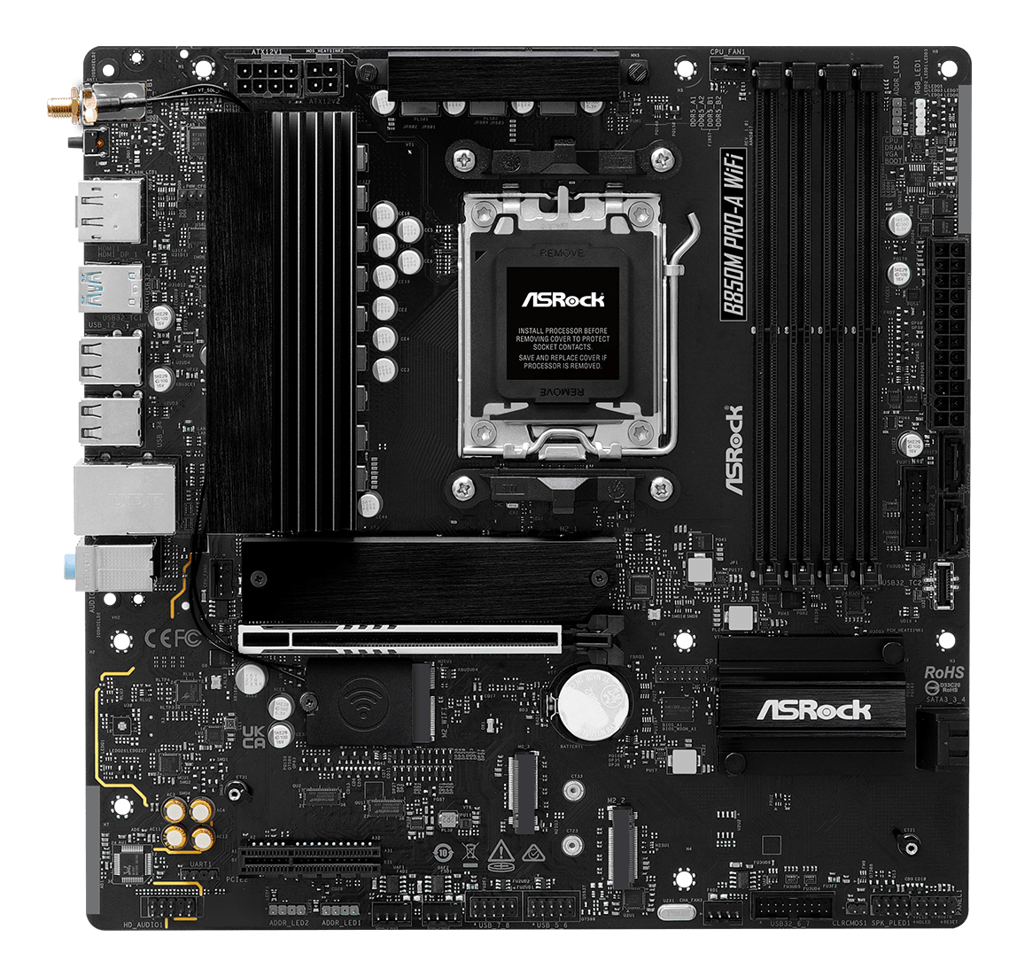 B850M PRO-A WIFI ASROCK B850M PRO-A WIFI, AMD B850, AM5, Micro ATX, 4 DDR5, HDMI, DP, Wi-Fi 6E, 2.5G LAN, 3x M.2