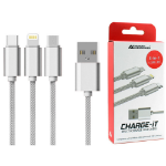 Advanced Accessories CHARGE-iT 3in1 (1.2M) USB-Cable - 8 Pin/USB-C/MicroUSB-Silver