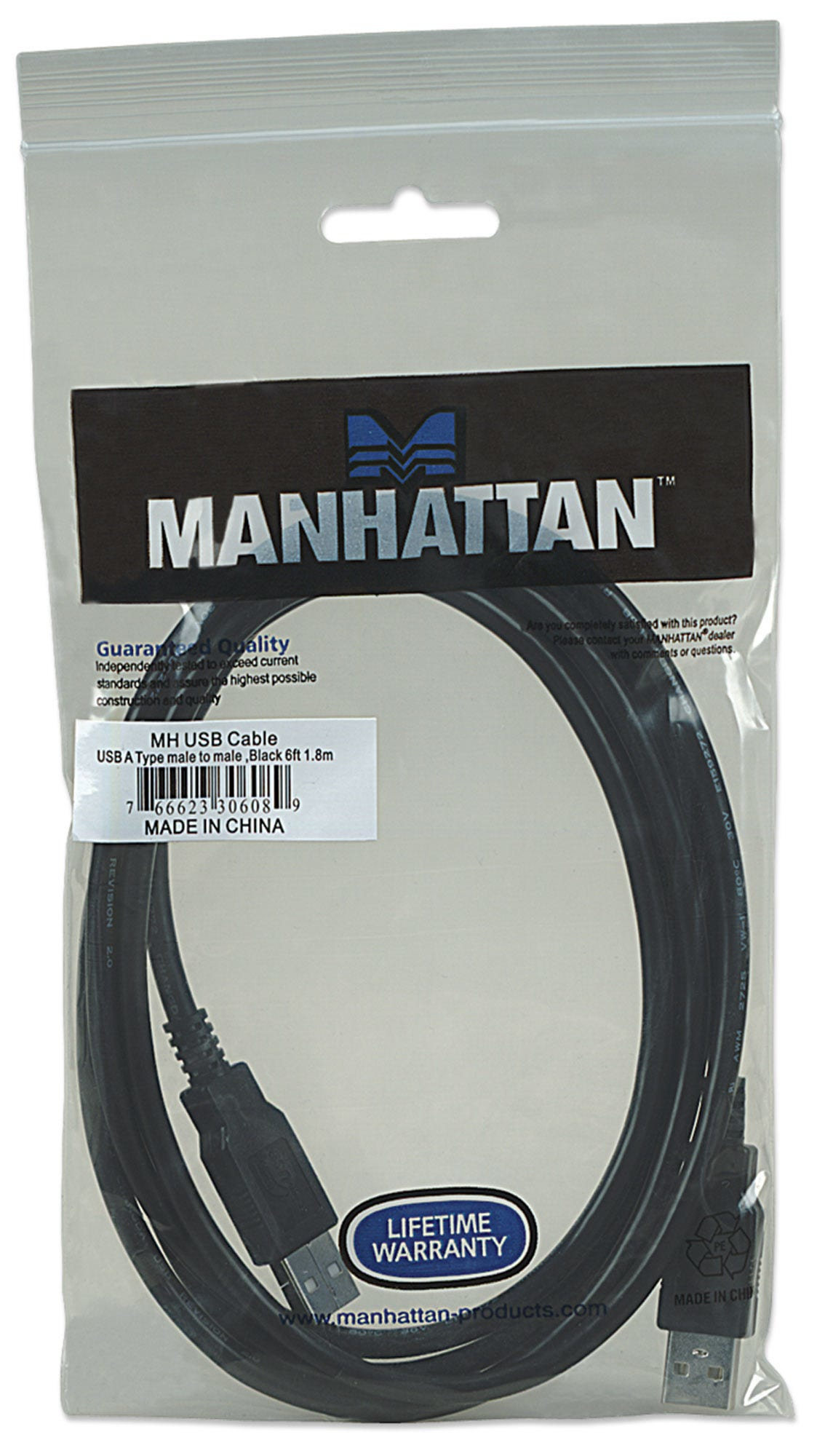 Manhattan USB-A to USB-A Cable, 1.8m, Male to Male, 480 Mbps (USB 2.0), Black, Polybag