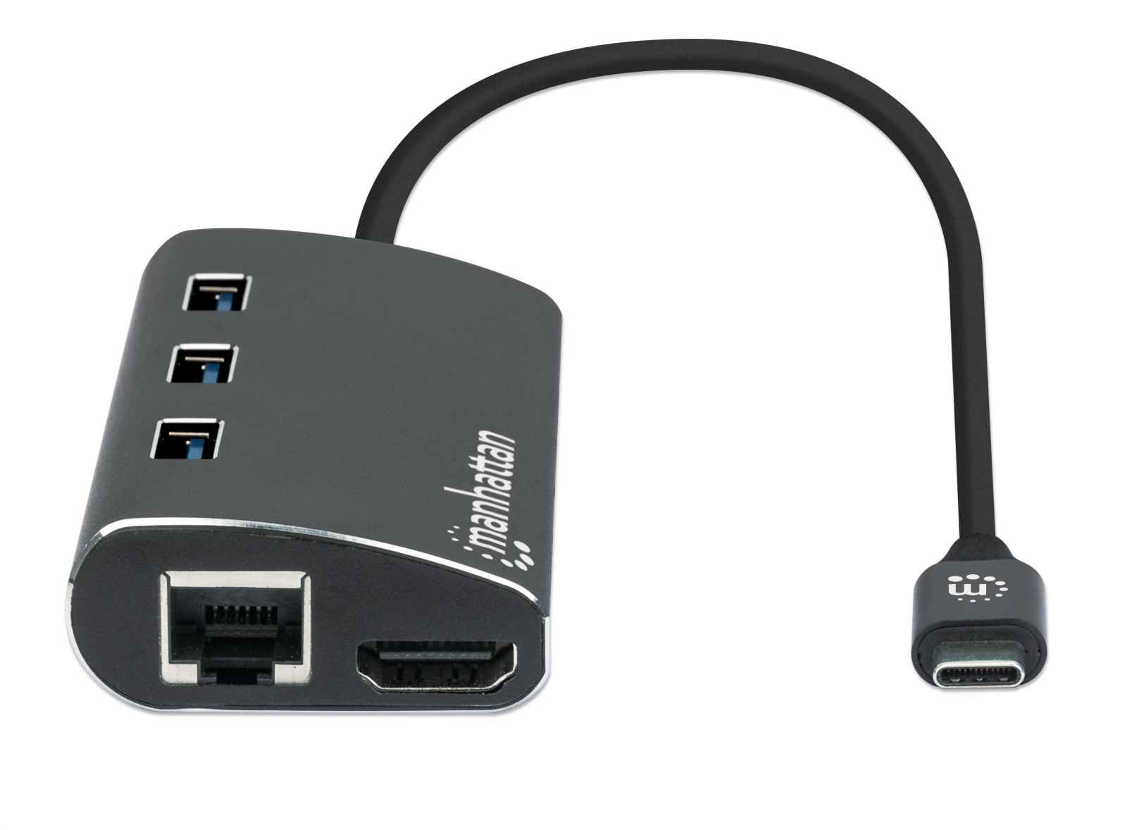 Manhattan USB-C Hub/Dock/Converter, USB-C to USB-C (including Power Delivery), HDMI 4K, 3x USB-A and Gigabit RJ45 Ports with Card Reader, Male to Females, 5 Gbps (USB 3.2 Gen1 aka USB 3.0), HDMI 4K@30Hz, 1x Ethernet 10/100/1000 Mbps network, SD/Micro SD,