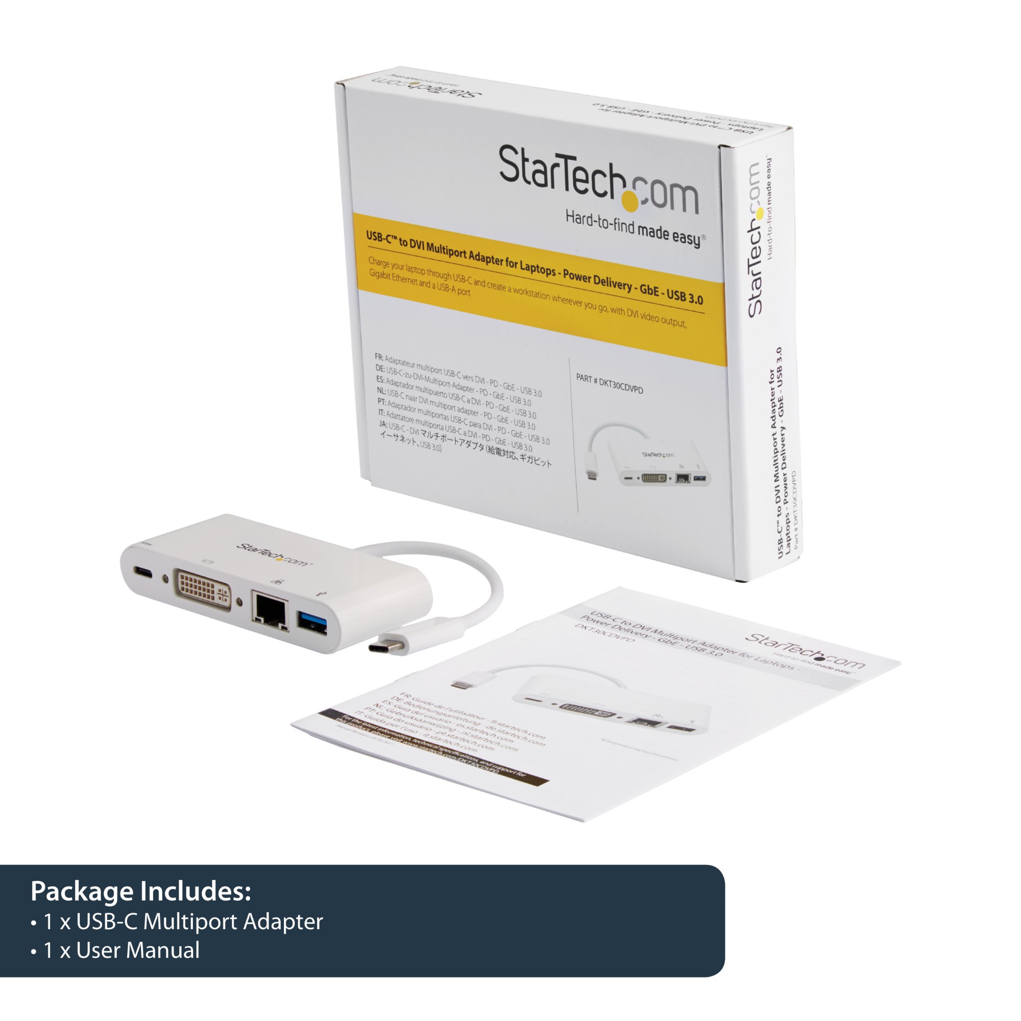 StarTech.com USB C Multiport Adapter - USB-C to DVI-D (Digital) Video Adapter with 60W Power Delivery Passthrough Charging, GbE, USB-A - Portable USB Type-C/Thunderbolt 3 Mini Laptop Dock