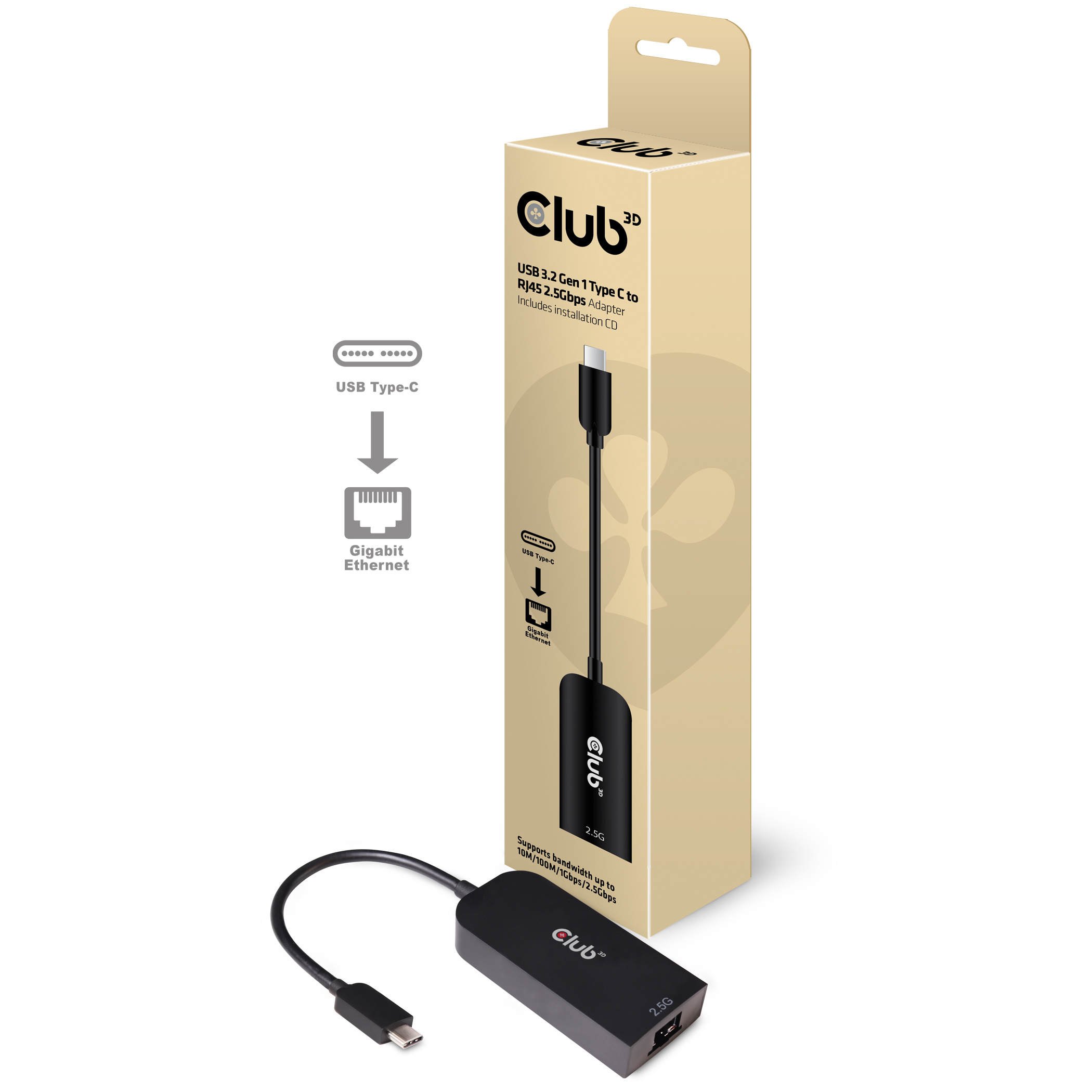 Image of CLUB3D USB 3.2 Gen1 Type C to RJ45 2.5Gbps Adapter