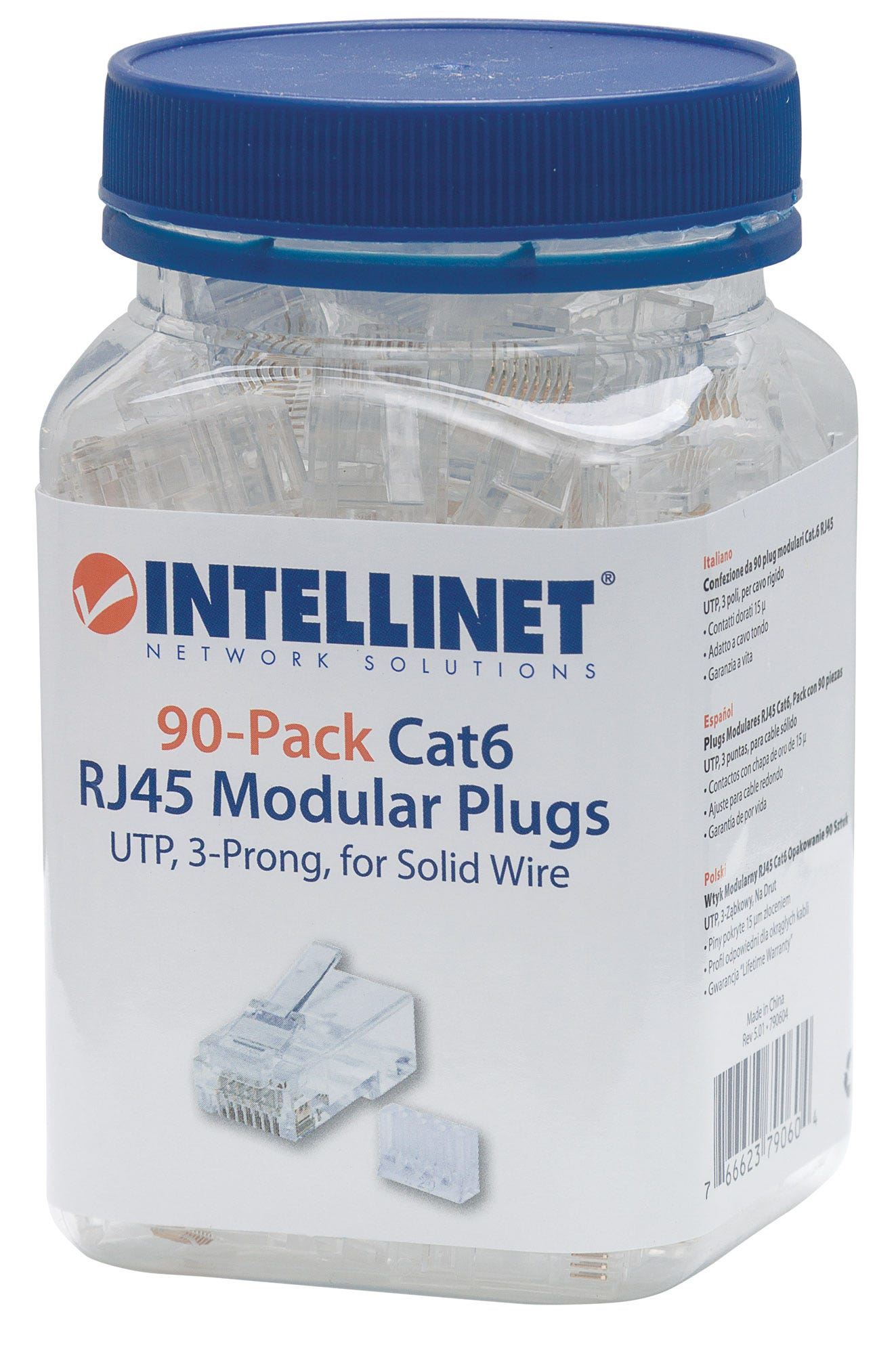 Intellinet RJ45 Modular Plugs, Cat6, UTP, 3-prong, for solid wire, 15  gold plated contacts, 90 pack