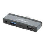 Manhattan USB-C Travel Dock/Hub, Ports (x4): HDMI, USB-A, USB-C and 3.5mm audio, With Power Delivery (100W) to USB-C Port, Black/Space Grey, External Power Supply Not Needed, All Ports can be used at the same time