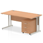 Dynamic Impulse Cantilever Straight Office Desk W1400 x D800 x H730mm Oak Finish Silver Frame With 3 Drawer Mobile Pedestal - MI000987 DD