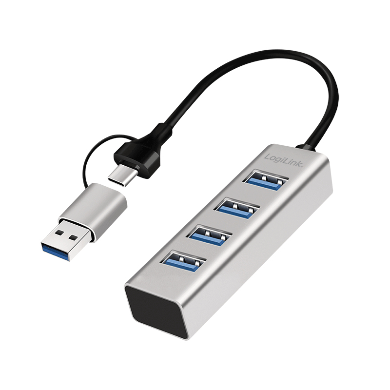 LogiLink USB 3.0 hub, 4x USB-A, 5 Gbit/s, 2-in-1 connection cable, silver