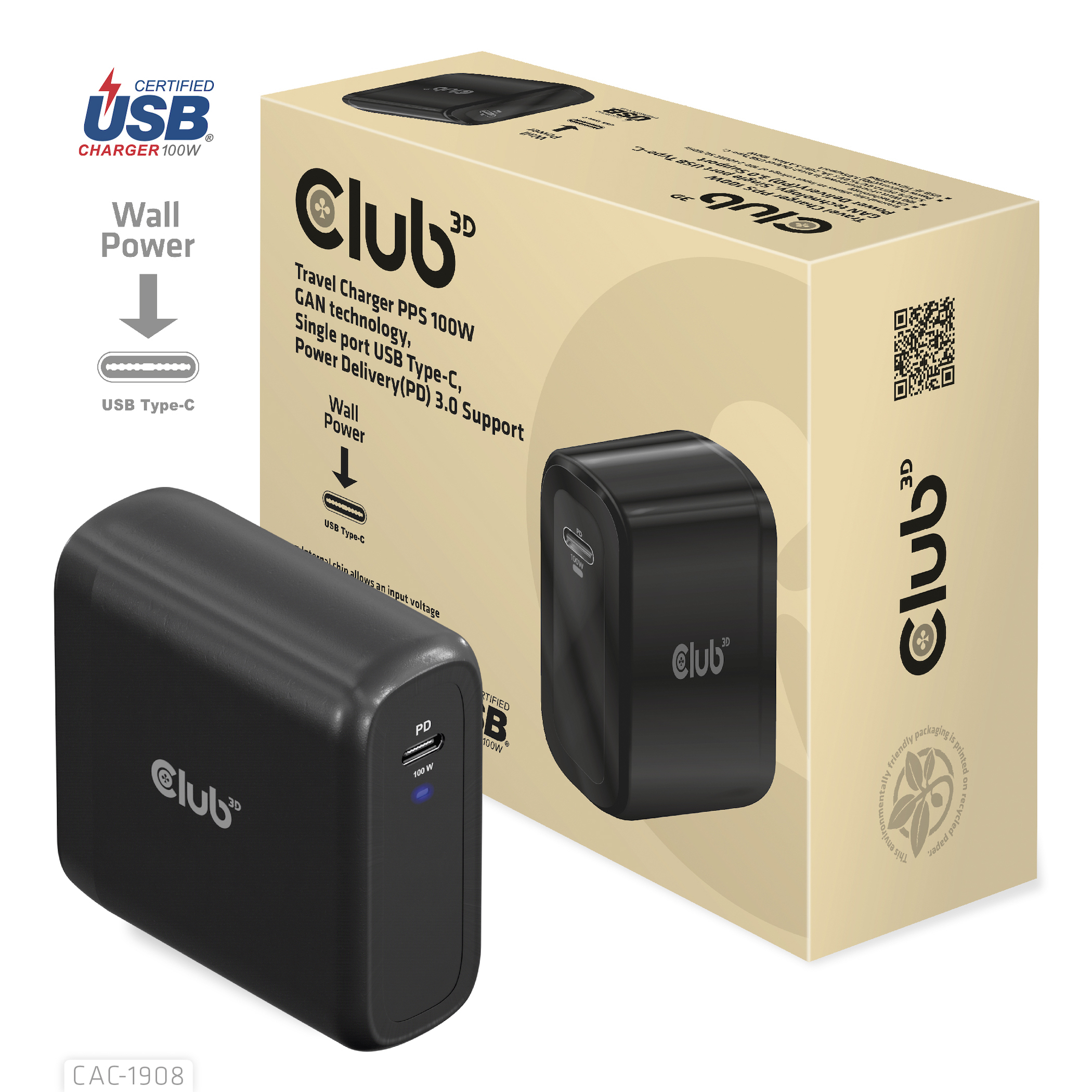 Image of CLUB3D Reiseladegerät 1xUSB Typ C PD 100W retail