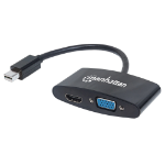 Manhattan Mini DisplayPort 1.2 to HDMI or VGA Adapter Cable (2-in-1), 25cm, Black, Passive, Male to Female, HDMI 4K@30Hz, VGA@60Hz, Note: Only One Port can be used at a time, Equivalent to MDP2HDVGA, Lifetime Warranty, Blister