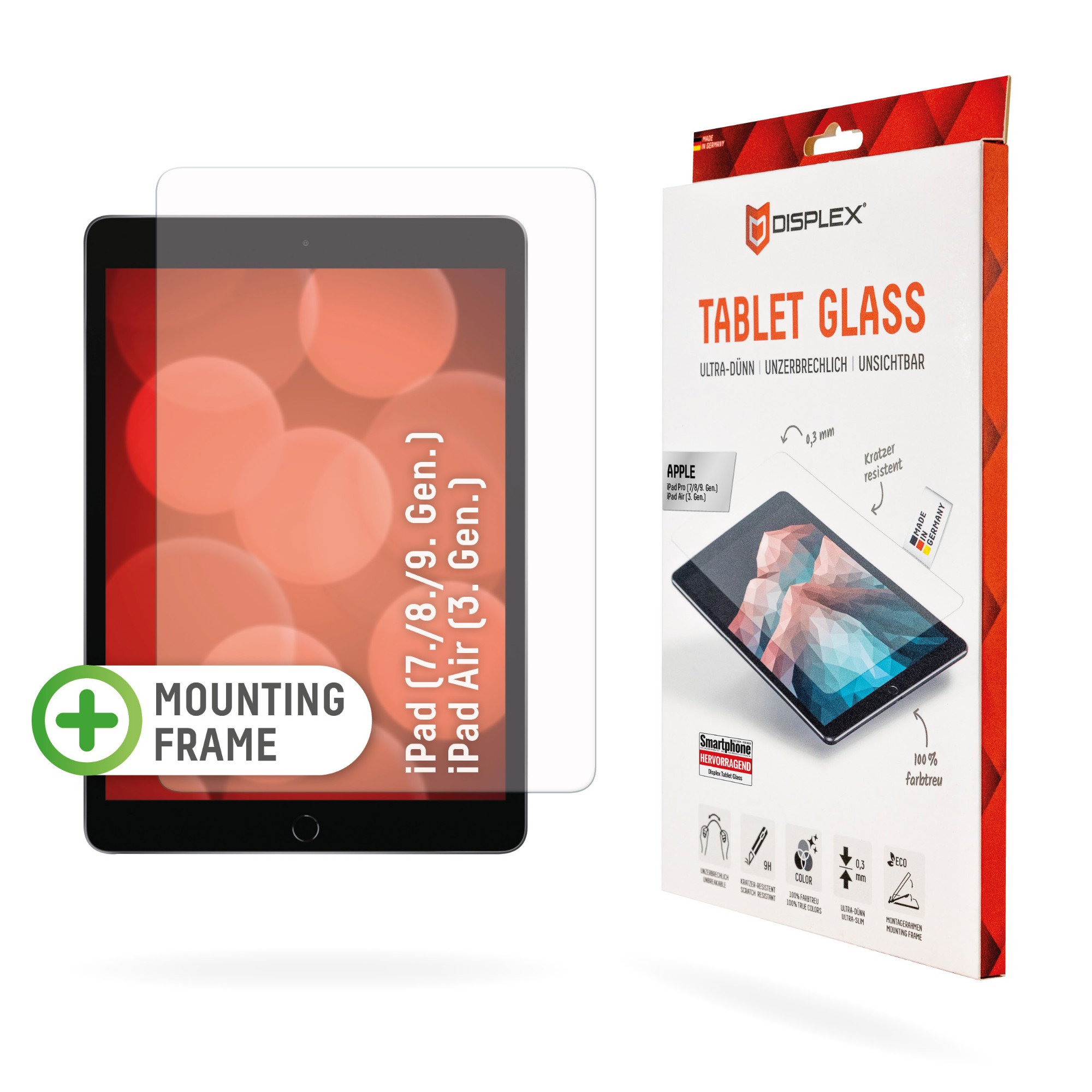 Displex Tablet Glass (9H) for Apple iPad (7./8./9. Gen.)/Air (3. Gen.), Eco Mounting Frame, unbreakable, ultra-slim, invisible