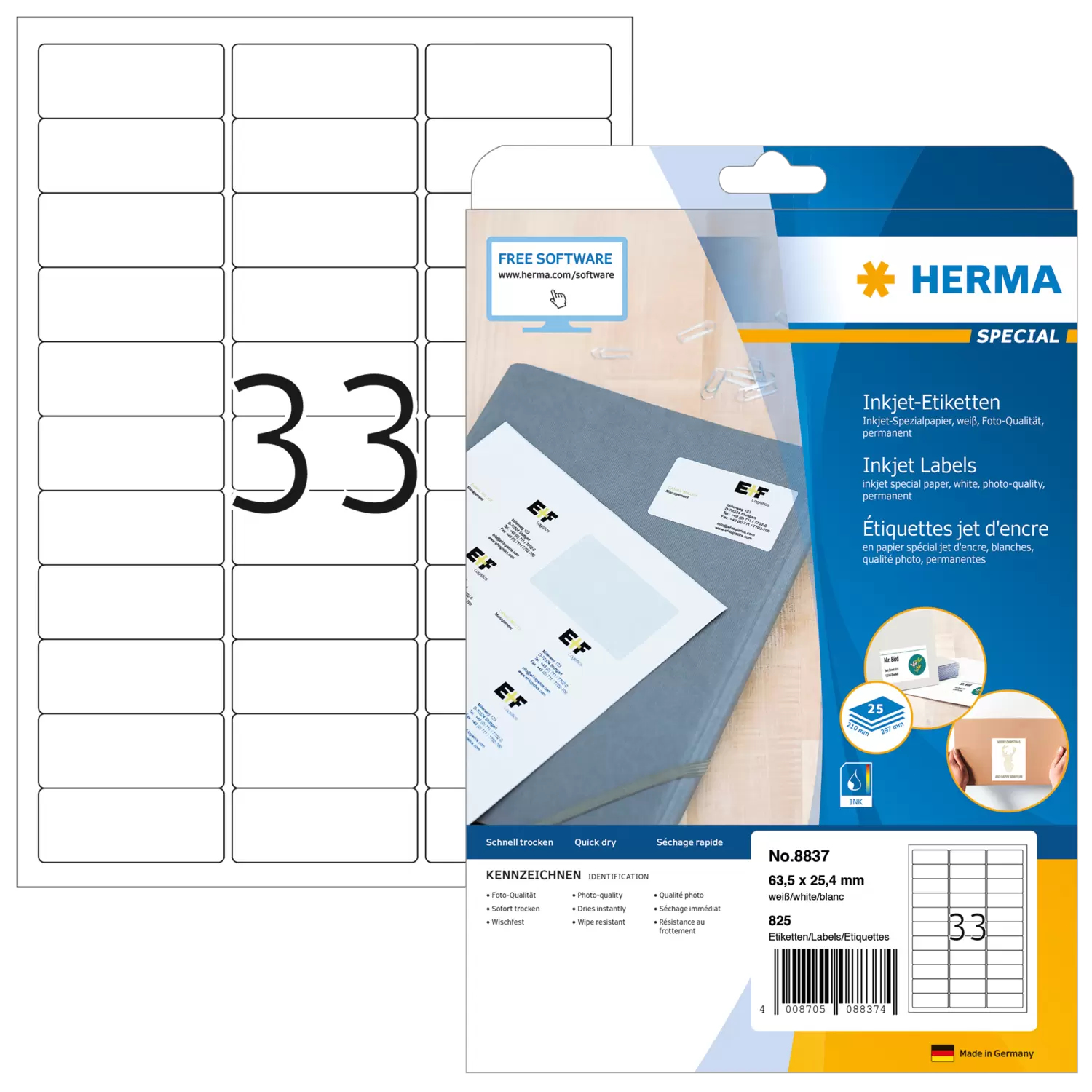 Image of HERMA Inkjet labels A4 63.5x25.4 mm white paper matt 825 pcs.