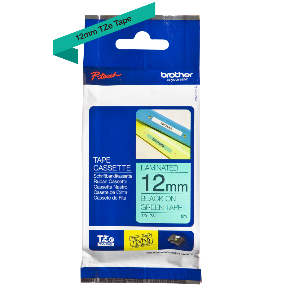 Brother TZE-731 DirectLabel black on green Laminat 12mm x 8m for Brother P-Touch TZ 3.5-18mm/6-12mm/6-18mm/6-24mm/6-36mm