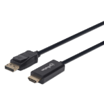 Manhattan DisplayPort 1.1 to HDMI Cable, 1080p@60Hz, 3m, Male to Male, DP With Latch, Black, Not Bi-Directional, Three Year Warranty, Polybag