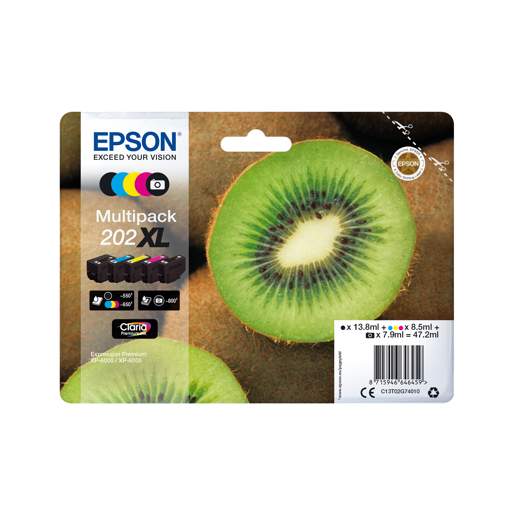 Epson C13T02G74010/202XL Ink cartridge multi pack high-capacity Bk,PhBk,C,M,Y 13,8ml 7,9ml 3x8,5ml Pack=5 for Epson XP 6000