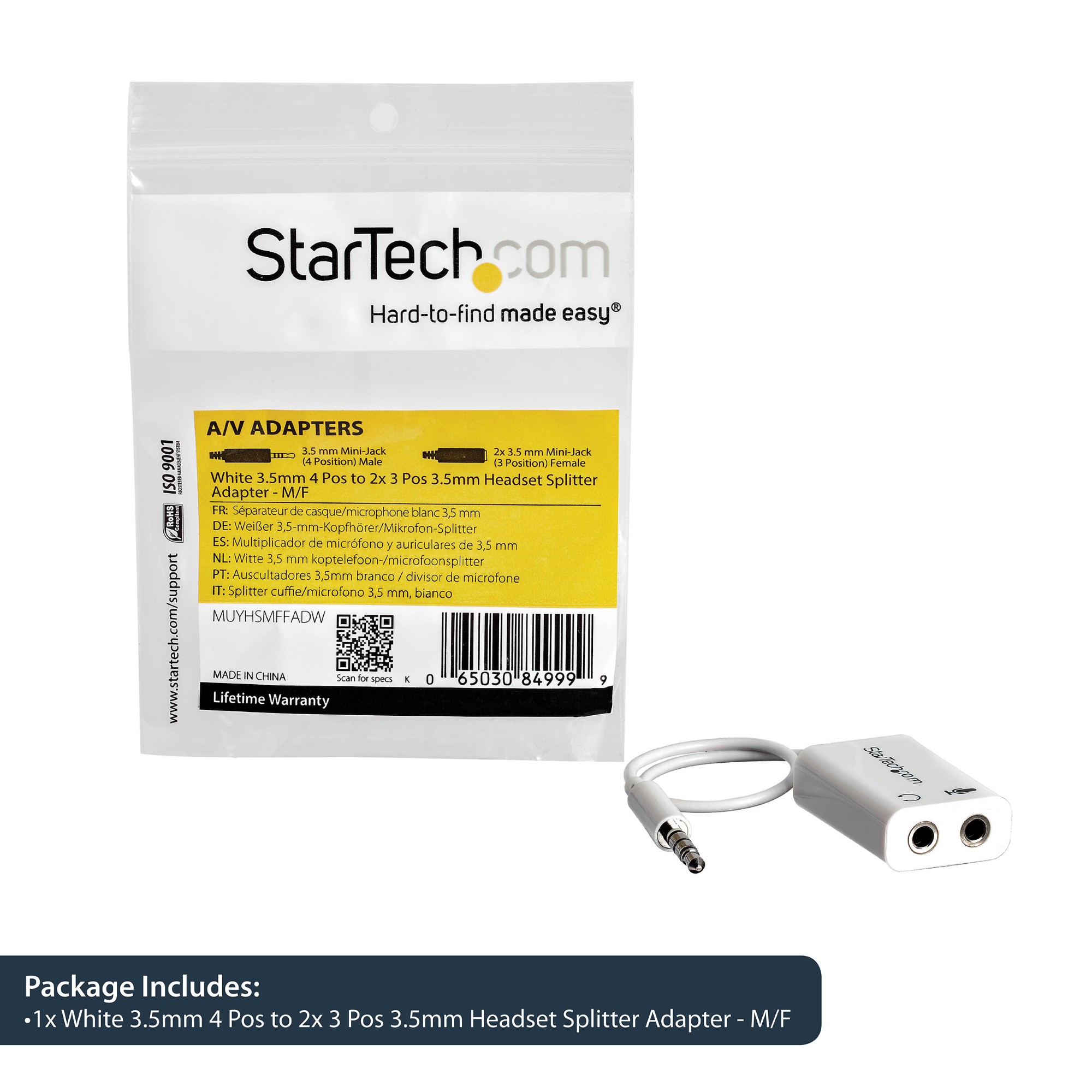 StarTech.com White headset adapter for headsets with separate headphone / microphone plugs - 3.5mm 4 position to 2x 3 position 3.5mm M/F