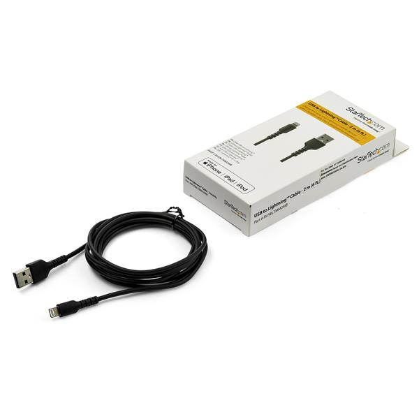 StarTech.com 2m USB A to Lightning Cable - Durable Black USB Type A to Lightning Connector Charge and Sync Charger Cord - Rugged w/Aramid Fiber - Apple MFI Certified - iPad Air iPhone 11