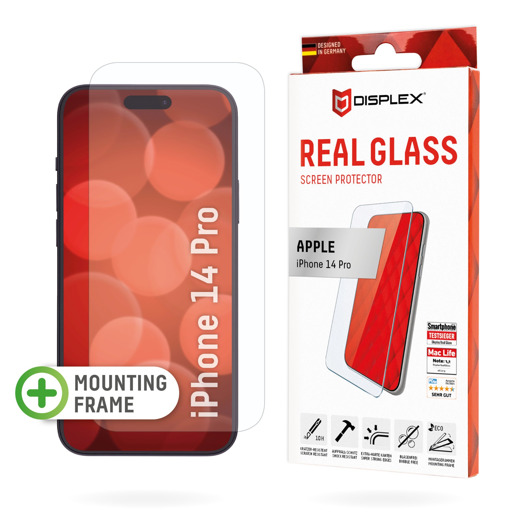 Displex Screen Protector (10H) for Apple iPhone 14 Pro, Eco Mounting Frame, Tempered Glass, scratch resistant protective film, case friendly