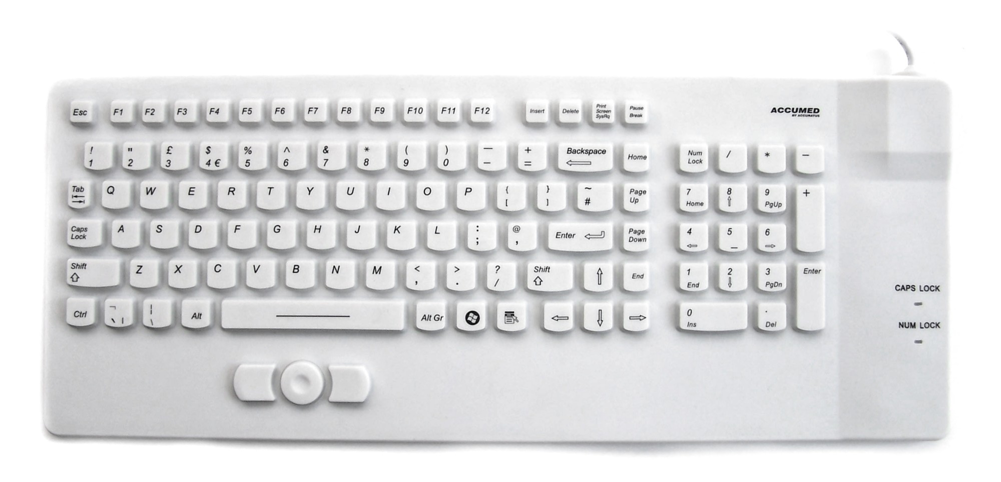 Ceratech Accuratus Accumed KYBNA-SIL-COMCWHHY; fully sealed silicon off-white full size USB keyboard made up of a Rigid Silicone chassis with NanoArmour 2 layer antibacterial protection impregnated into the silicone and coated on the surface. IP 67 rated
