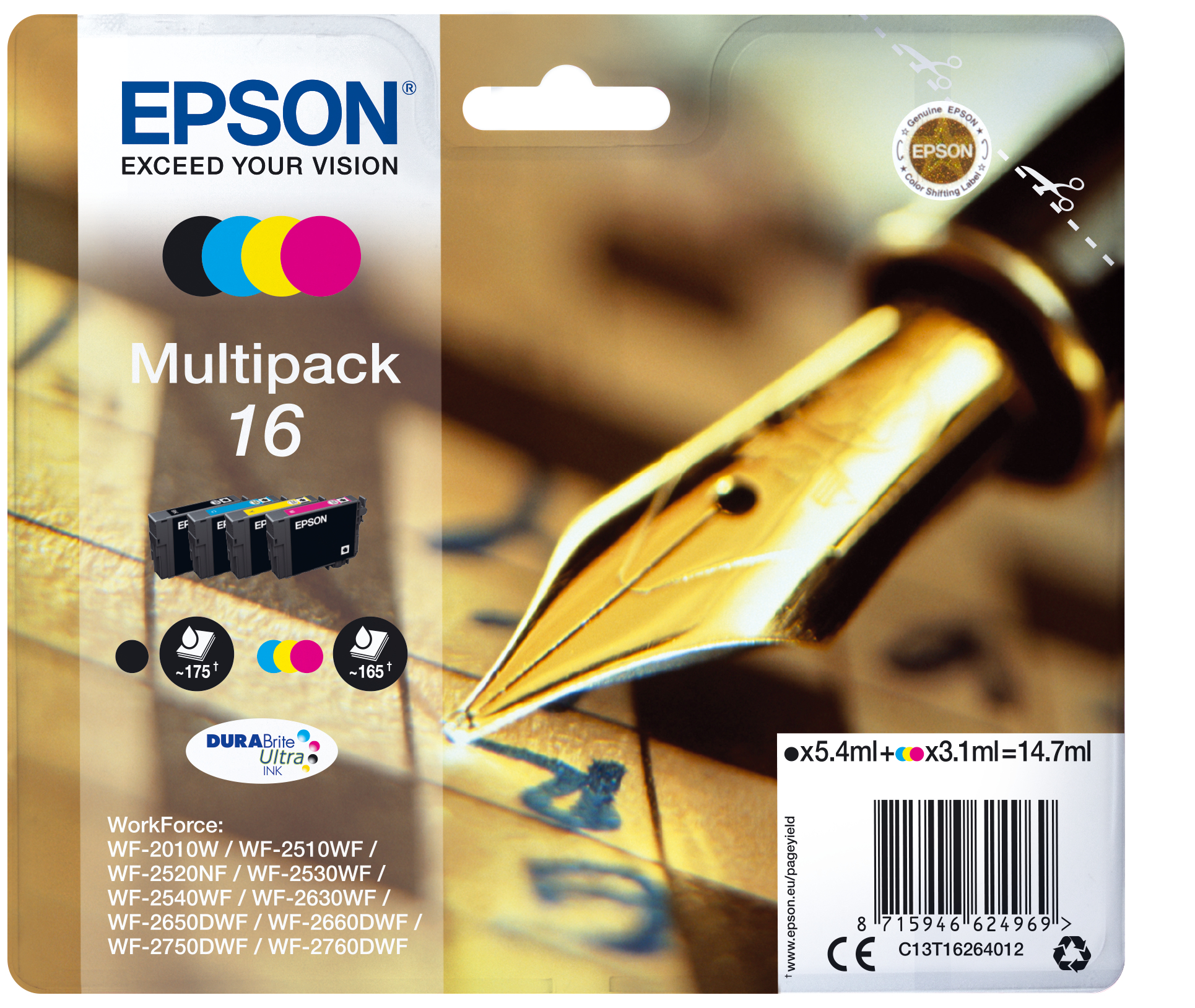 Epson C13T16264022/16 Ink cartridge multi pack Bk,C,M,Y Blister Radio Frequency 175pg + 3x165pg, 1x5.4ml + 3x3.1ml Pack=4 for Epson WF 2010