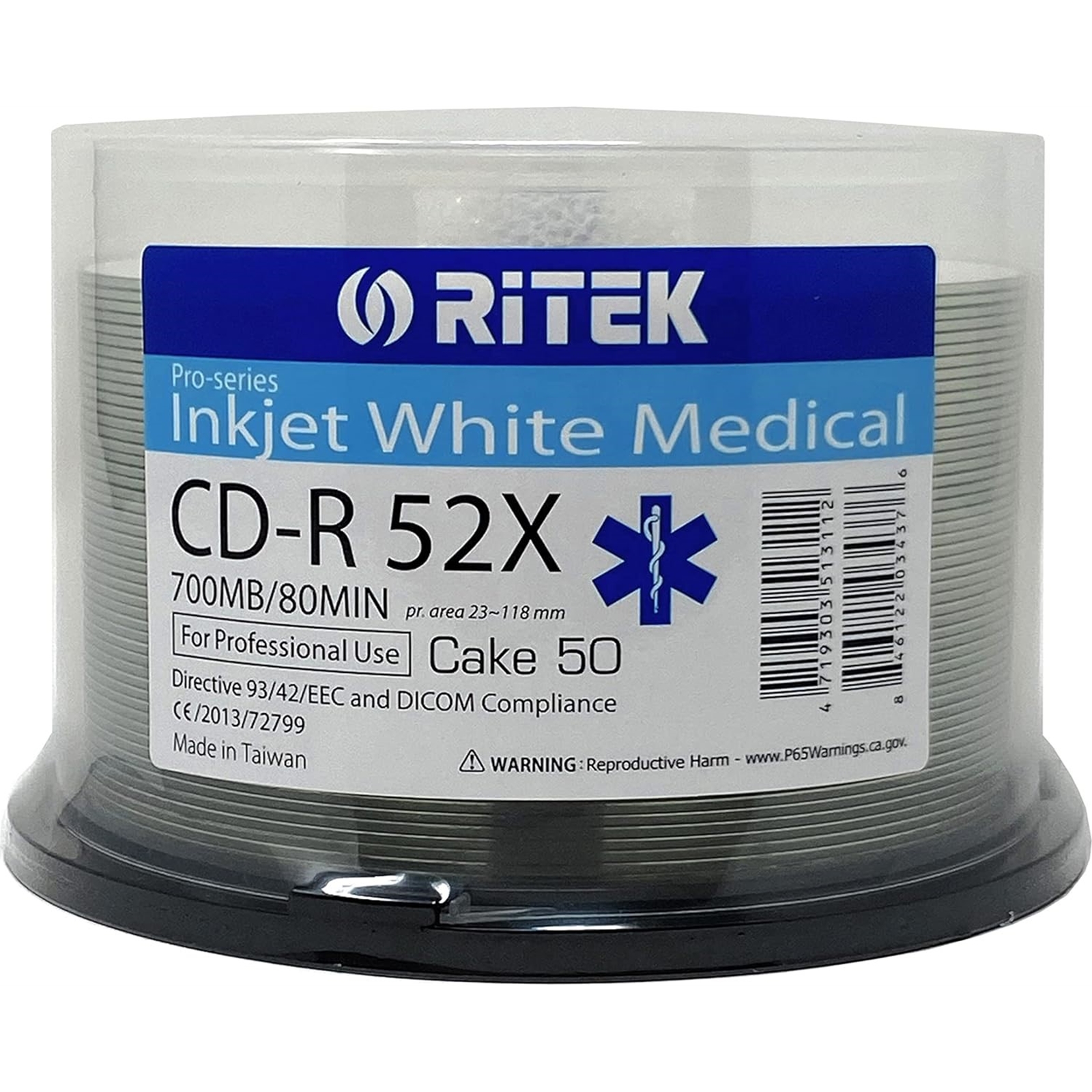 MCRIT-MEDSPIN50 RITEK Medical Pro 50PK CD-R 52X 700MB/80Min (Directive 93/44/EEC and DICOM Compliance)