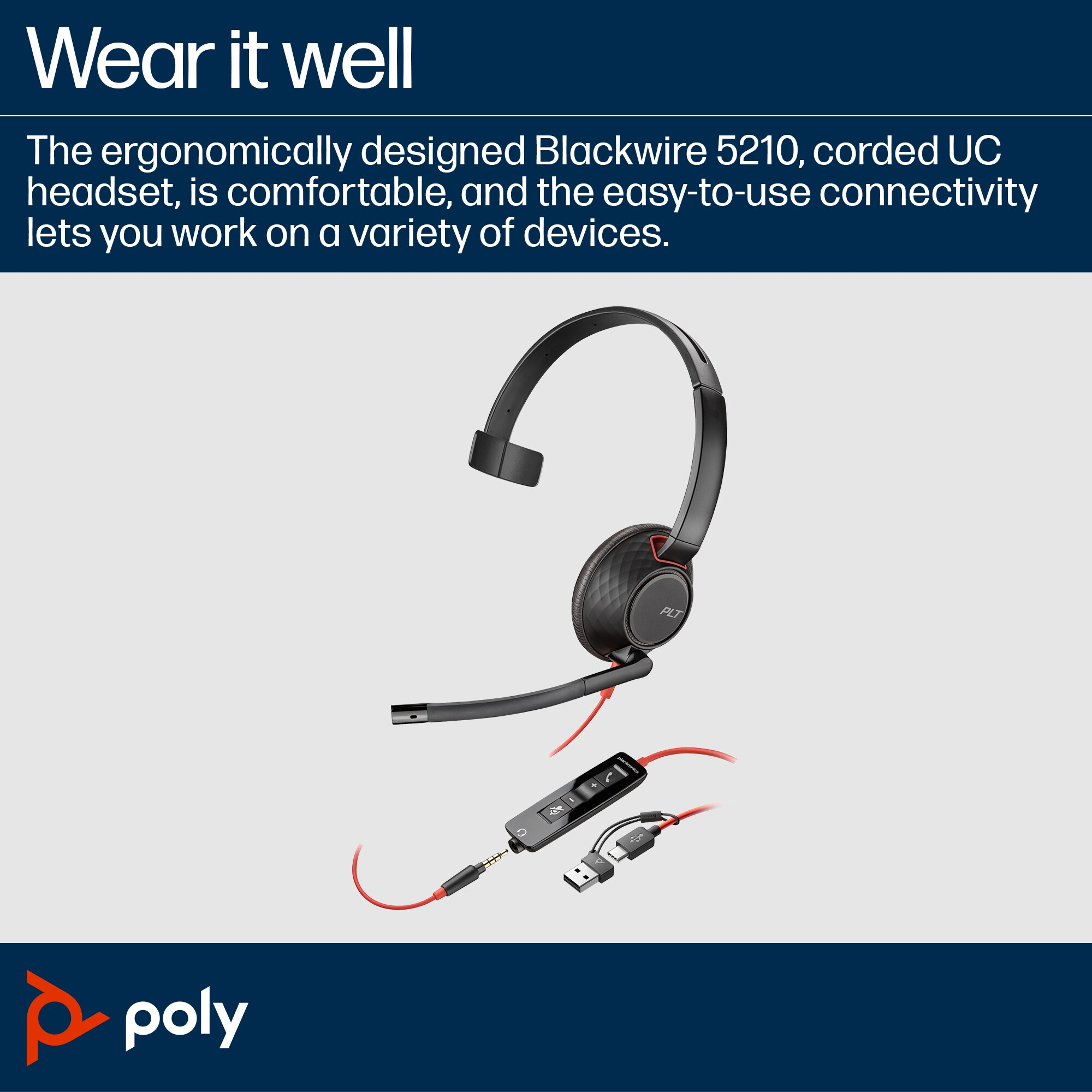 POLY Blackwire 5210 Monaural USB-C Headset +3.5mm Plug +USB-C/A Adapte