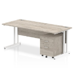 Dynamic Impulse Cantilever Straight Office Desk W1800 x D800 x H730mm Grey Oak Finish White Frame With 2 Drawer Mobile Pedestal - I003805 DD