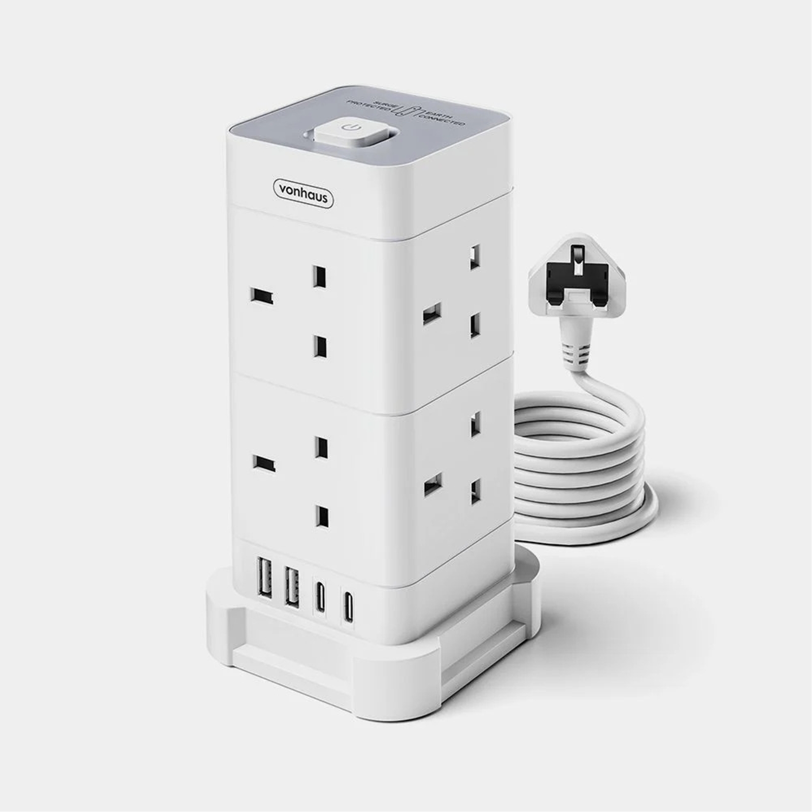 Tower Extension Lead with USB, Power Surge Protection 2M Cable White, 8 x UK Mains Sockets, Three-Pin 13A Plugs, Arranged Vertically With 2 Sockets On Each Of The 4 Sides