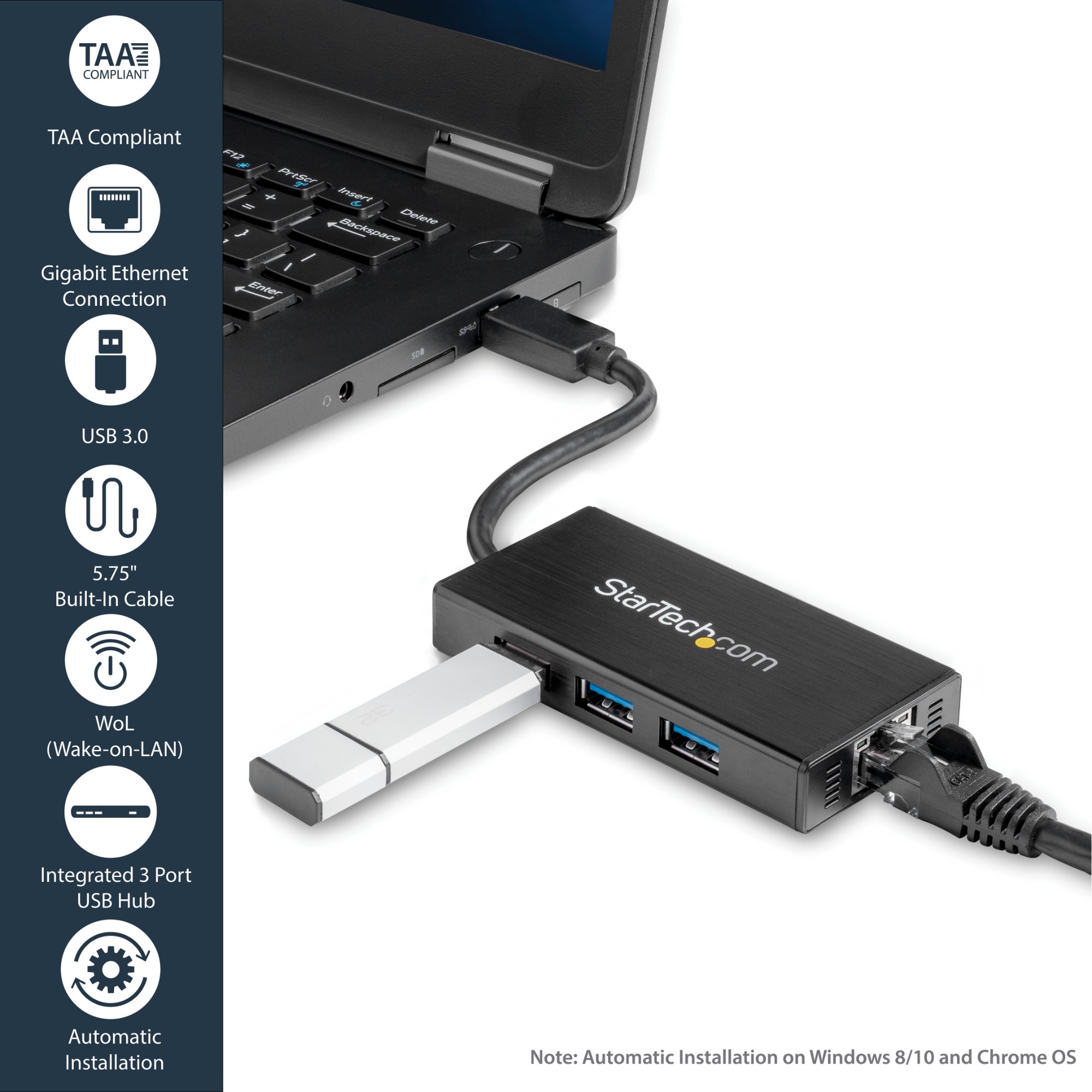 StarTech.com 3-Port Portable USB 3.0 Hub plus Gigabit Ethernet - Aluminum with Built-in Cable