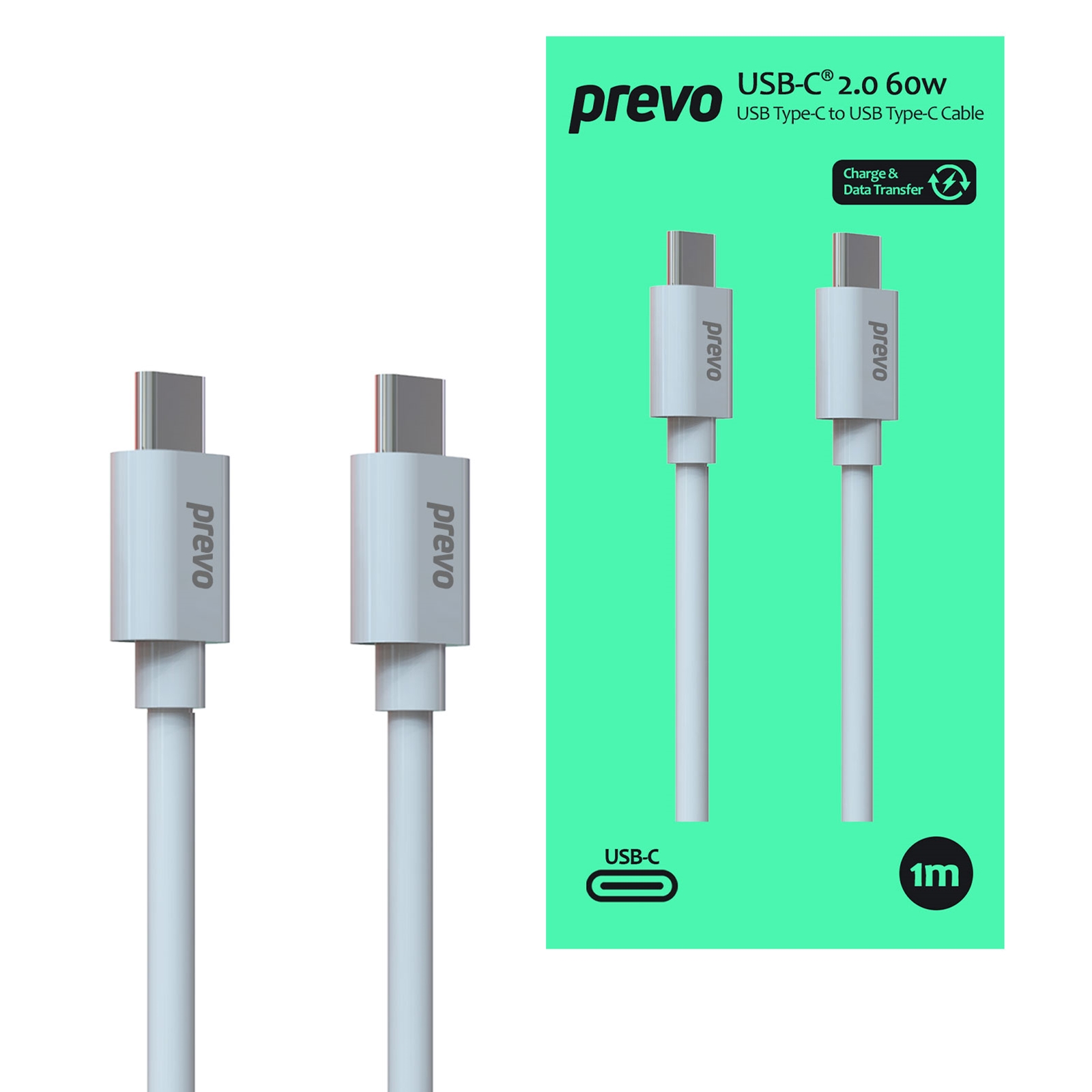 Image of PREVO USB 2.0 60W C to C PVC cable, 20V/3A, 480Mbps, White,...