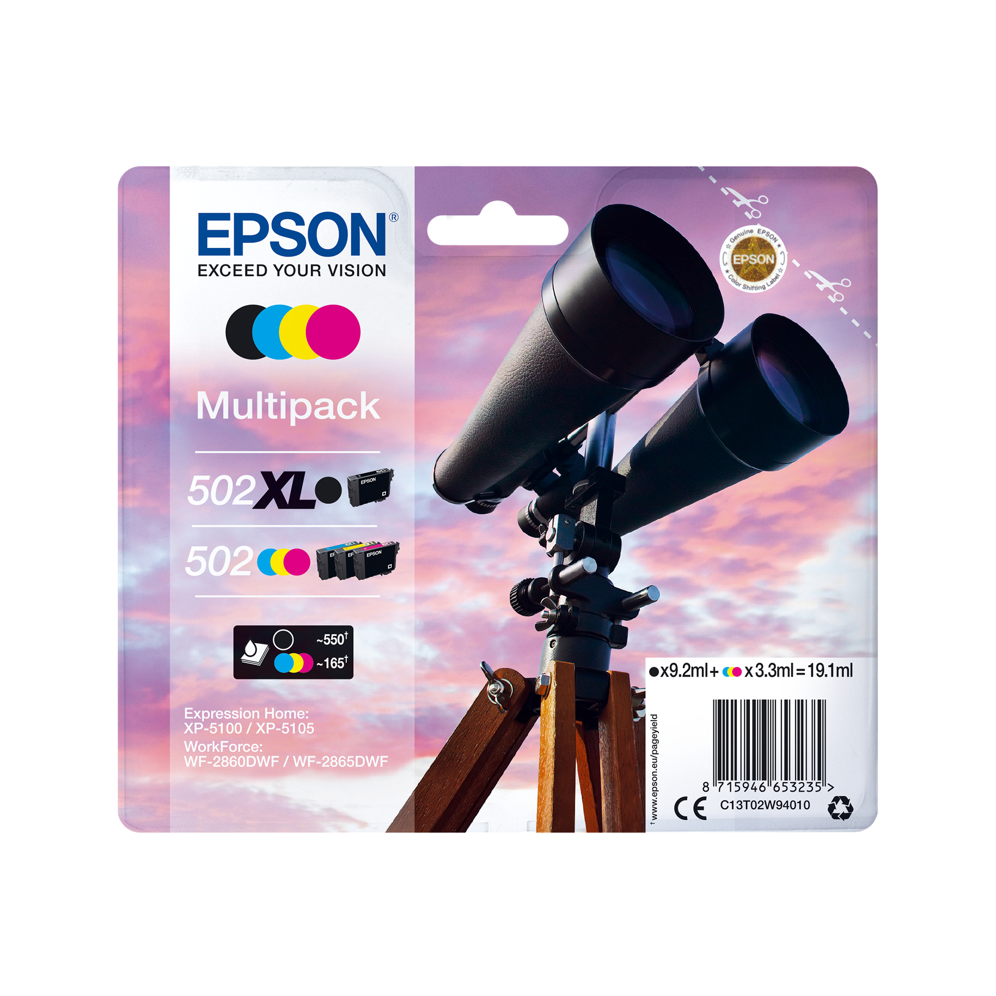 Epson C13T02W94010/502XL/502 Ink cartridge multi pack Bk.C.M.Y 9.2ml +