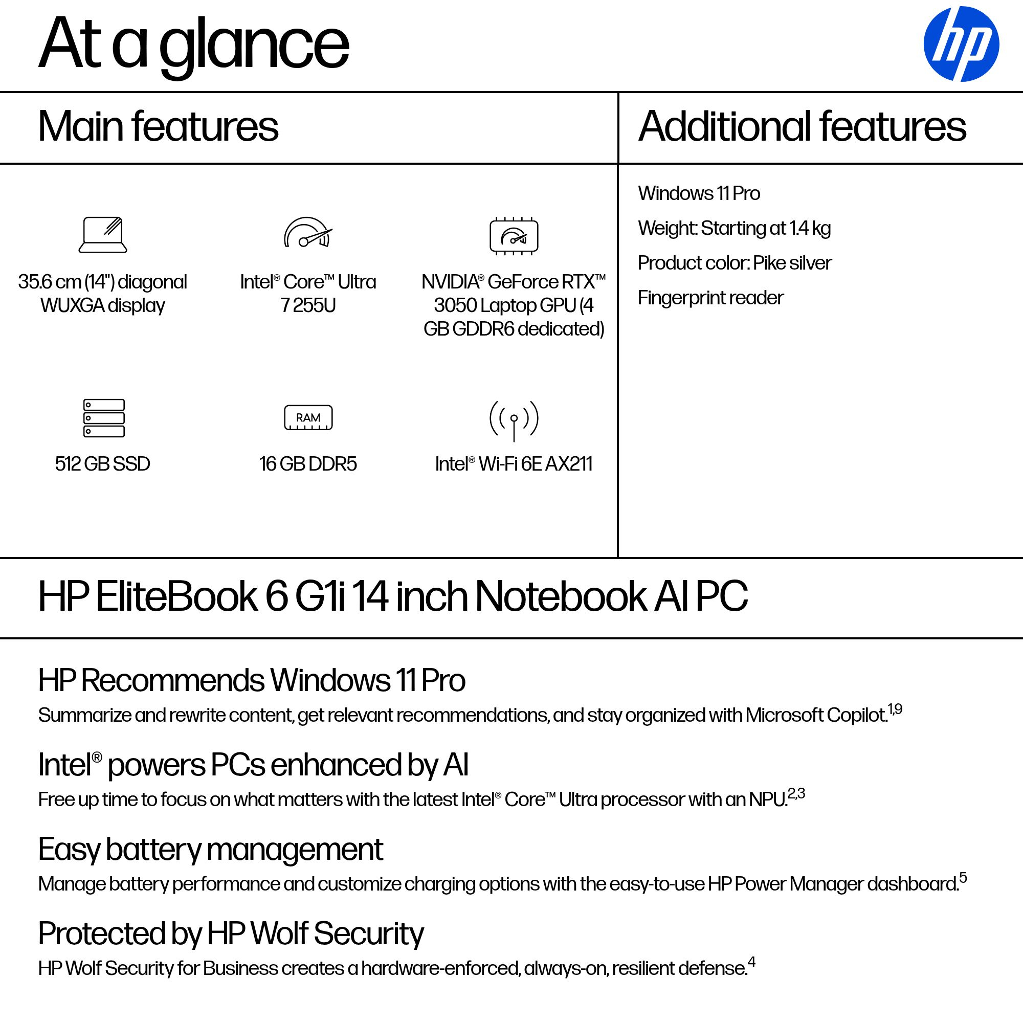 HP EliteBook 6 G1i AI Intel Core Ultra 7 255U Laptop 35.6 cm (14") WUXGA 16 GB DDR5-SDRAM 512 GB SSD Wi-Fi 6E (802.11ax) Windows 11 Pro AI PC Silver