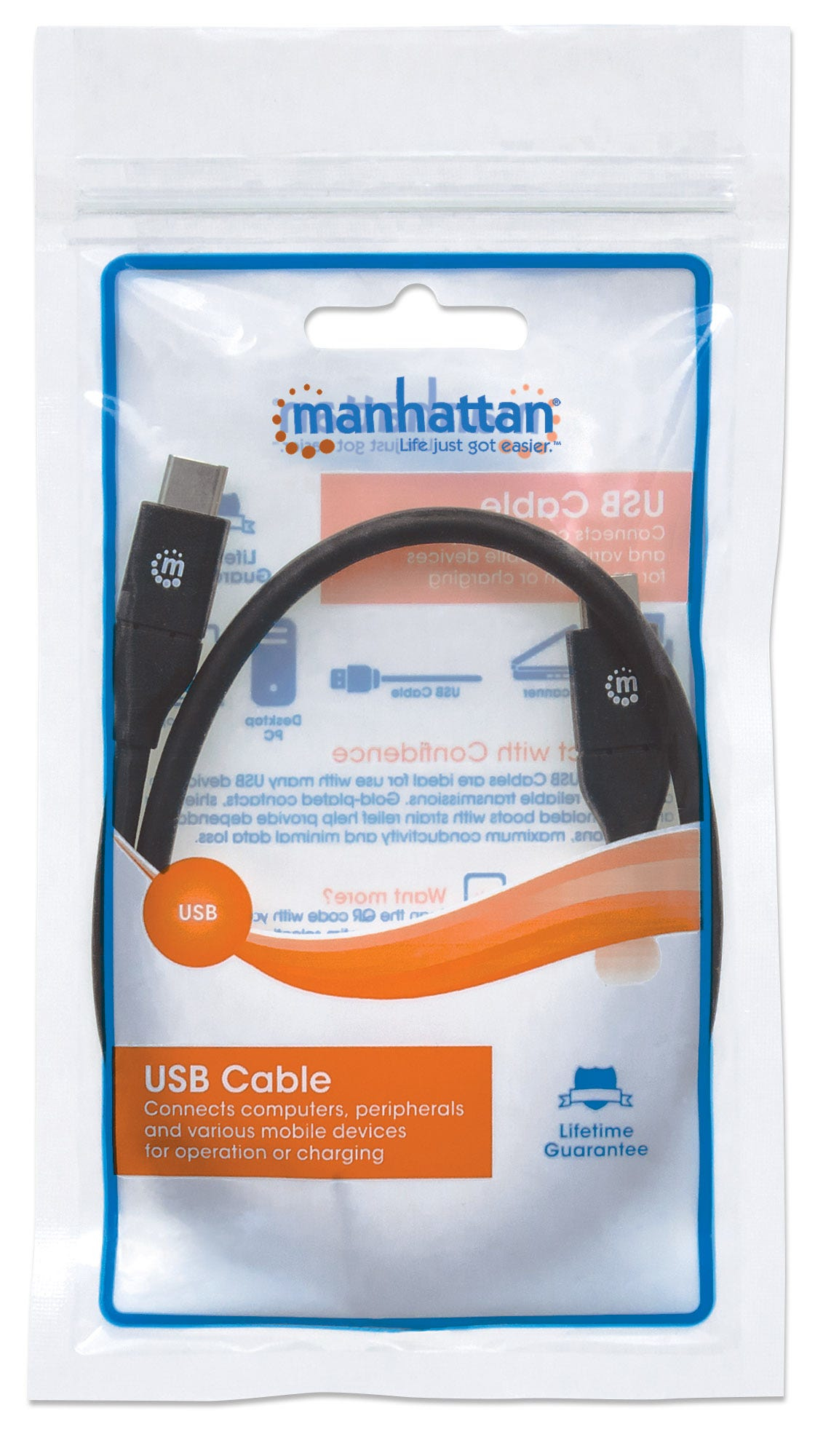 Manhattan USB-C to USB-C Cable, 50cm, Male to Male, 10 Gbps (USB 3.2 Gen2 aka USB 3.1), 3A (fast charging), Black, Lifetime Warranty, Polybag