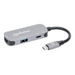 Manhattan USB-C Dock/Hub, Ports (x3): HDMI, USB-A and USB-C, With Power Delivery (100W) to USB-C Port (Note additional USB-C wall charger and USB-C cable needed), HDMI: 4k@60Hz, USB-A: 5 Gbps USB 3.2 Gen1 aka USB 3.0, Cable 11cm, Grey