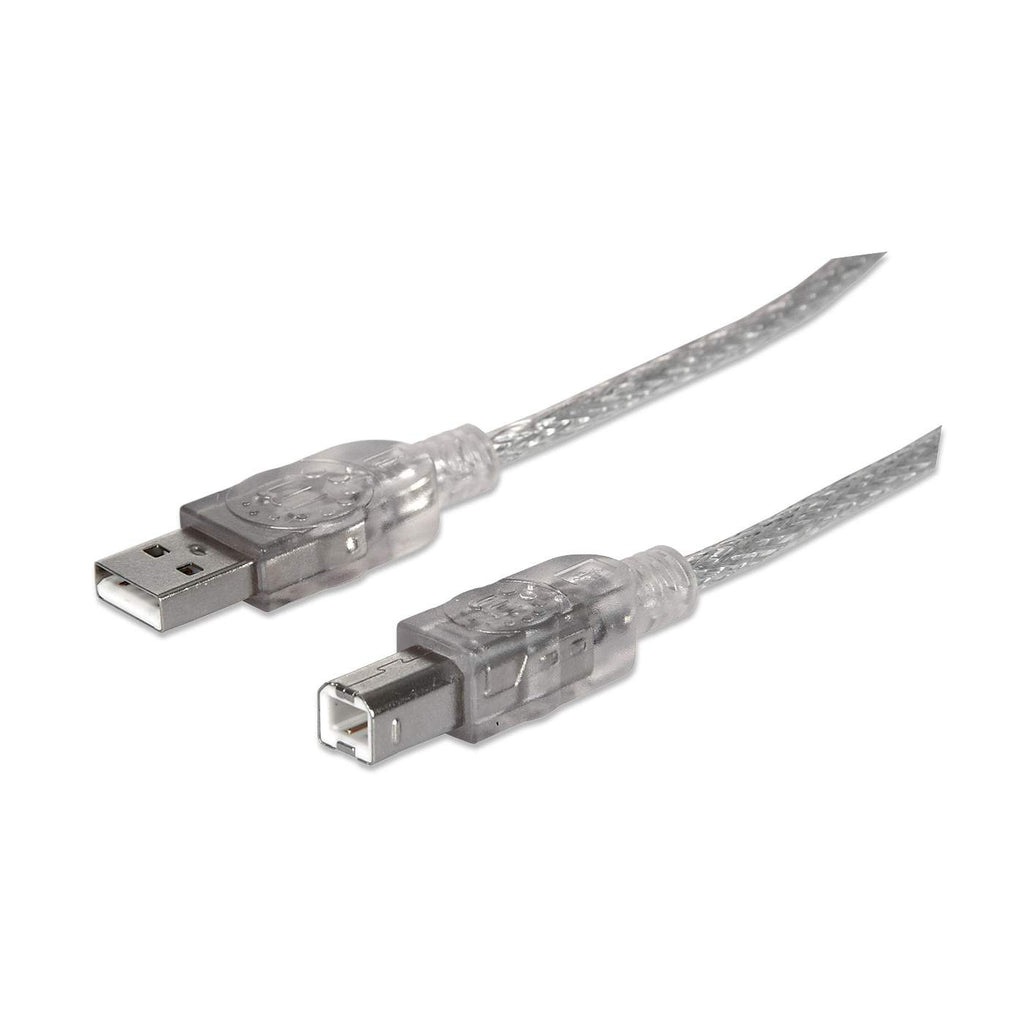 Manhattan USB-A to USB-B Cable, 1.8m, USB 2.0, 480 Mbps, Hi-Speed USB, Translucent Silver, Lifetime Warranty, Equivalent to USB2HAB6T