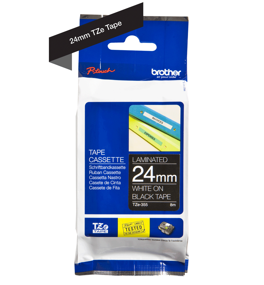 Brother TZE-355 DirectLabel white on black Laminat 24mm x 8m for Brother P-Touch TZ 3.5-24mm/HSE/36mm/6-24mm/6-36mm