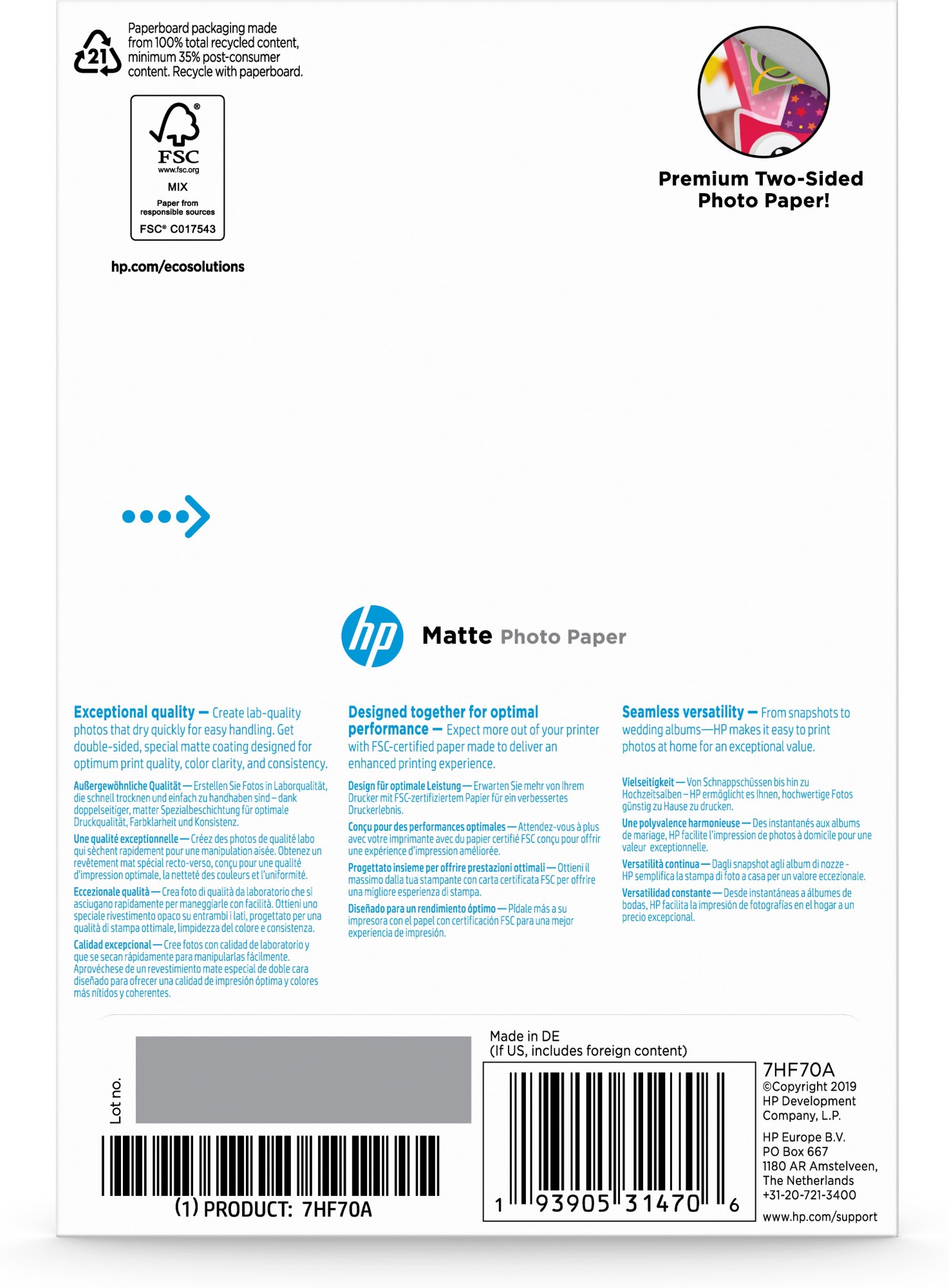 HP 7HF70A photo paper White Matt
