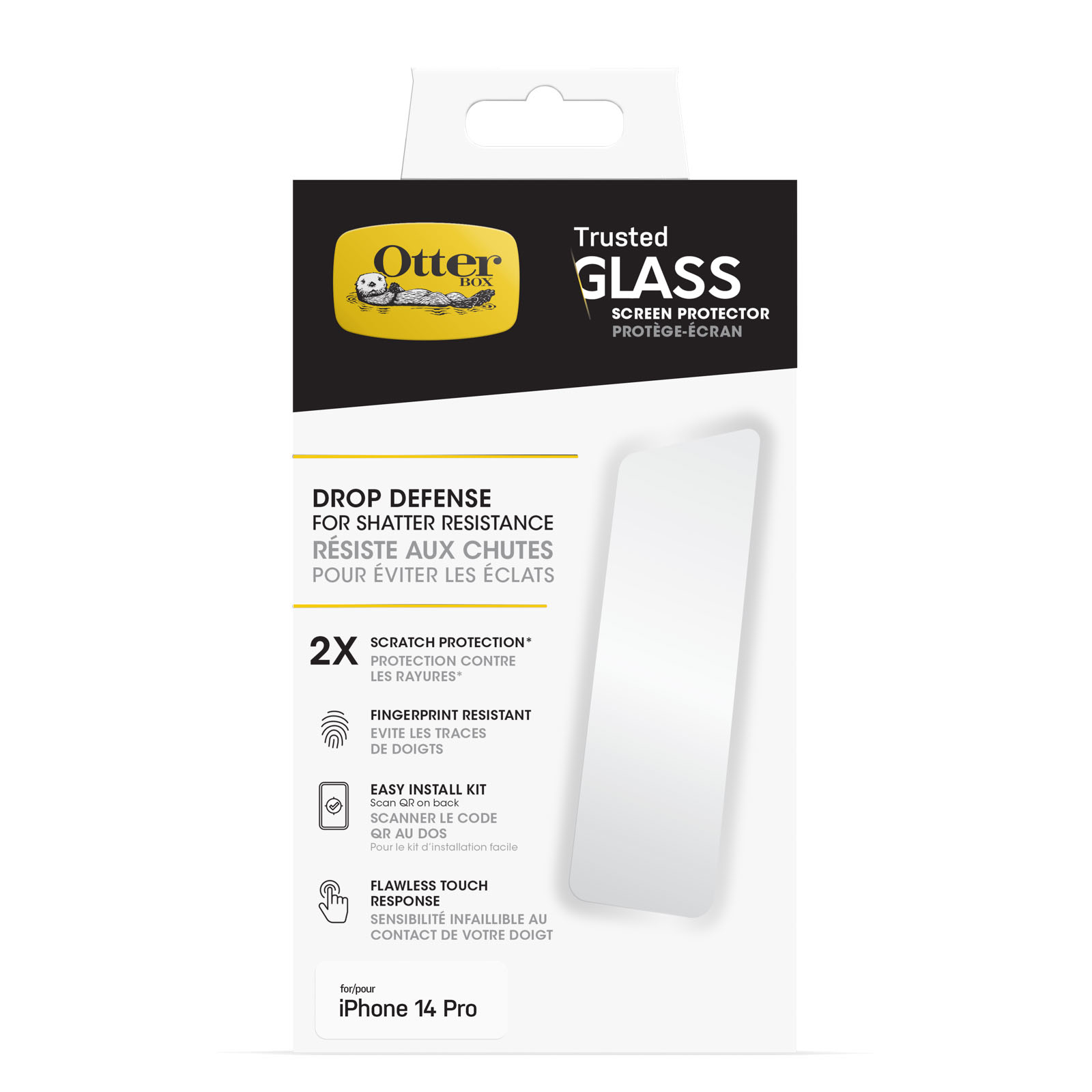 OtterBox Trusted Glass Screen Protector for iPhone 14 Pro, Tempered Glass, x2 Scratch Protection, Drop Defense for Shatter Protection